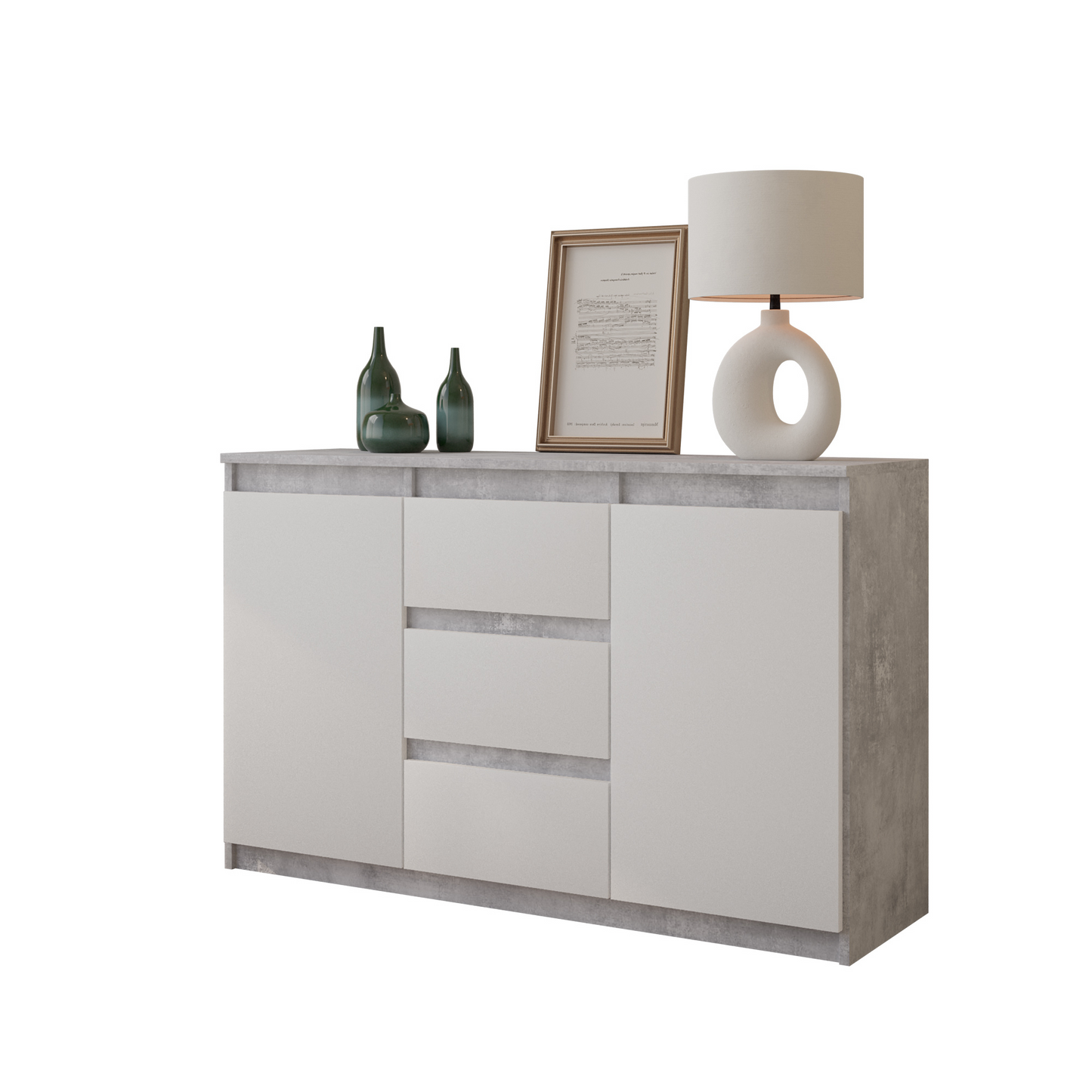 MIKEL - Kommode / Sideboard mit 3 Schubladen und 2 Türen - Beton-Optik / Weiß Matt