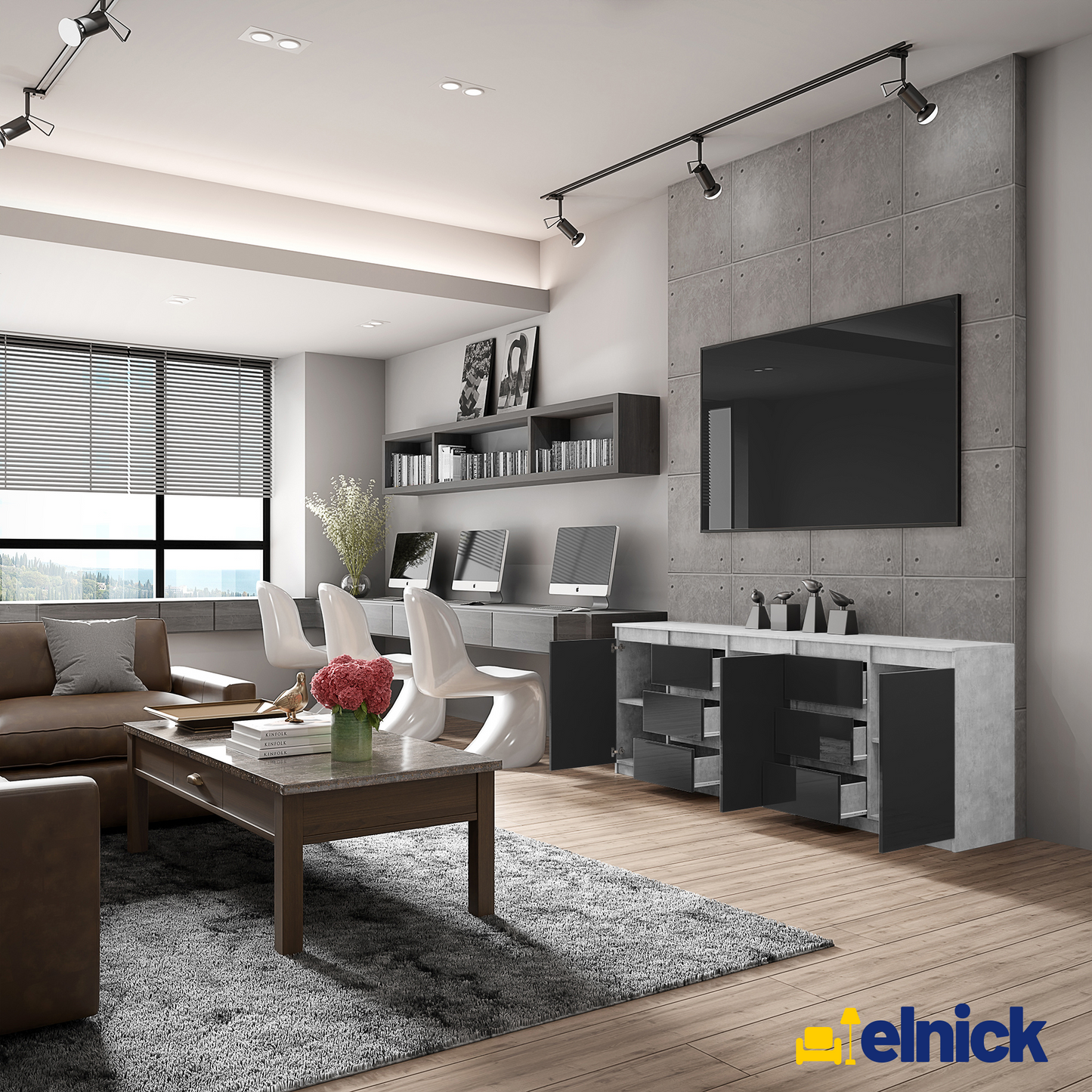 MIKEL - Kommode / Sideboard mit 6 Schubladen und 3 Türen - Beton-Optik / Schwarz Gloss