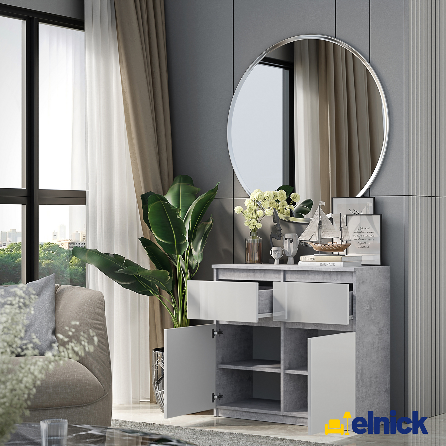 NOAH - Kommode / Sideboard mit 2 Schubladen und 2 Türen - Beton-Optik / Weiß Gloss