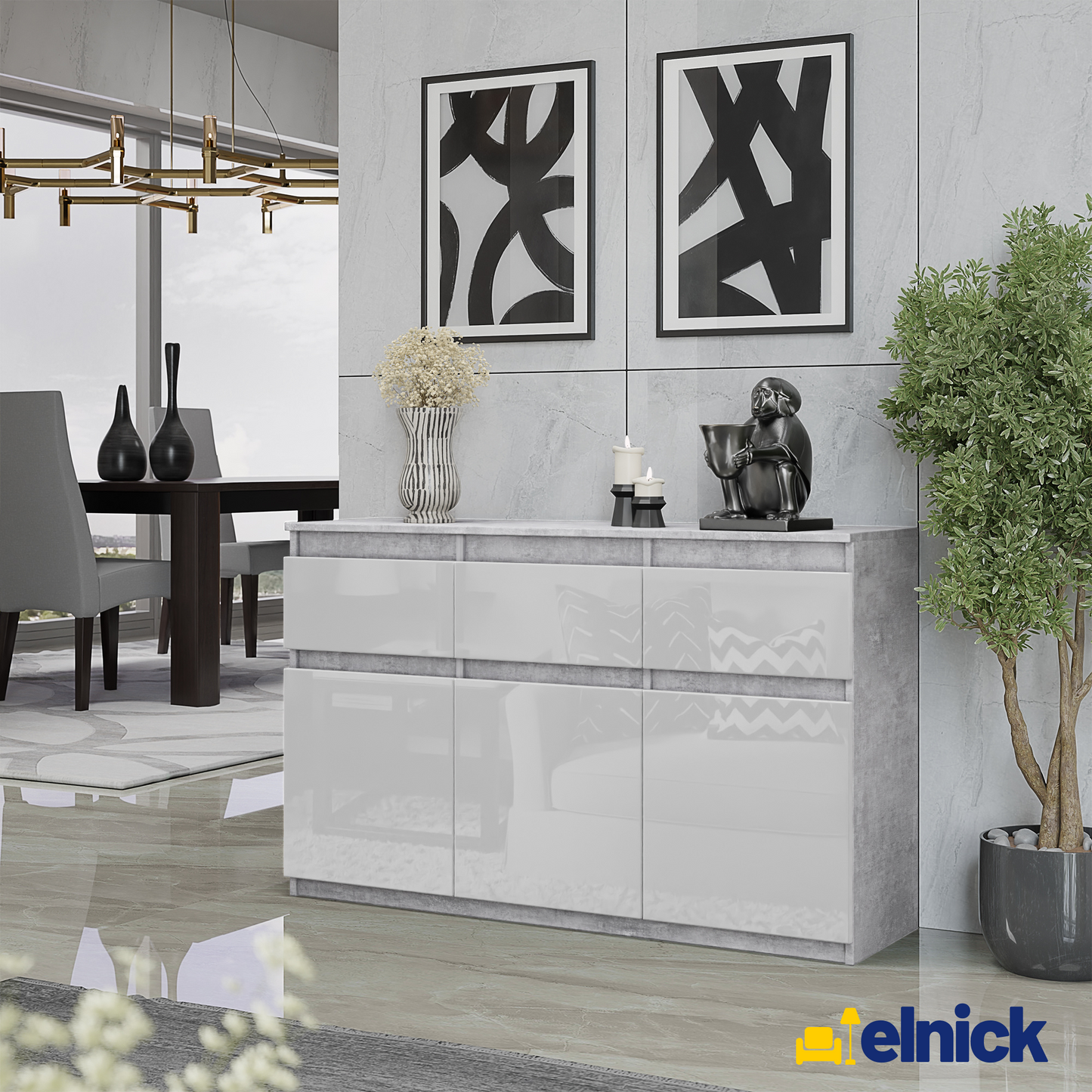 NOAH - Kommode / Sideboard mit 3 Schubladen und 3 Türen - Beton-Optik / Weiß Gloss