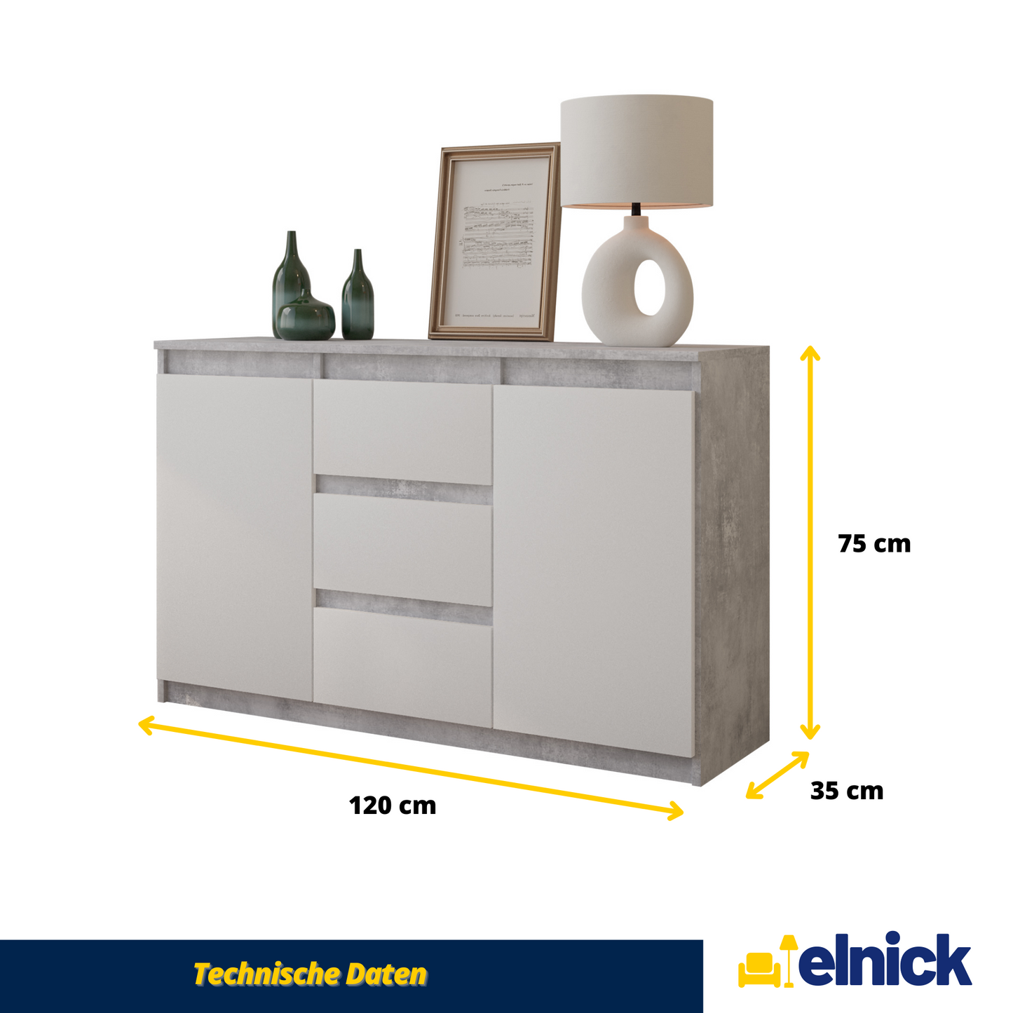 MIKEL - Kommode / Sideboard mit 3 Schubladen und 2 Türen - Beton-Optik / Weiß Matt