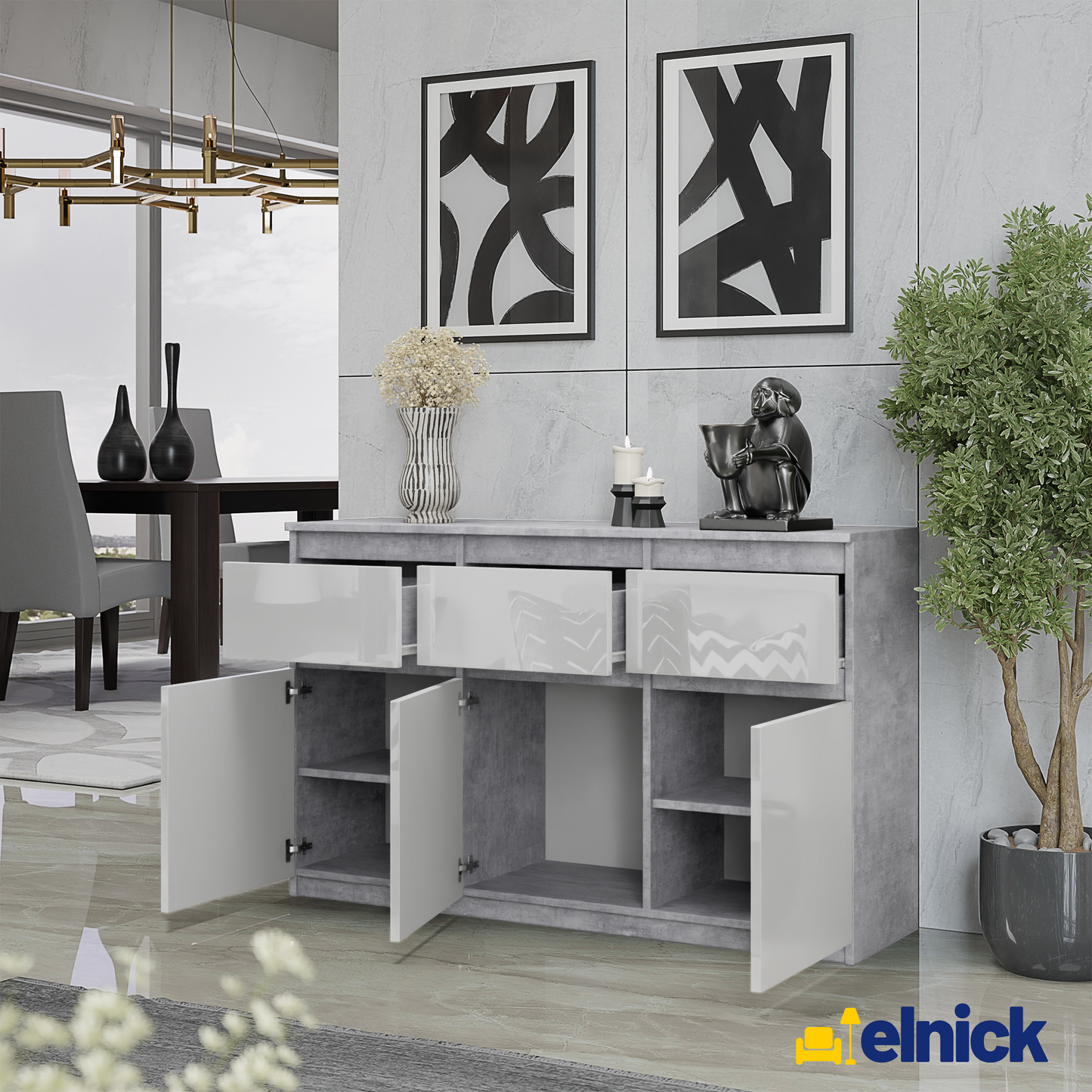 NOAH - Kommode / Sideboard mit 3 Schubladen und 3 Türen - Beton-Optik / Weiß Gloss