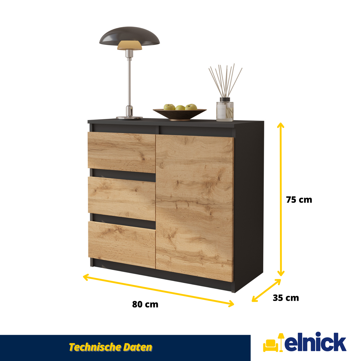 MIKEL - Kommode / Sideboard mit 3 Schubladen und 1 Tür - Anthrazit Grau / Wotan Eiche