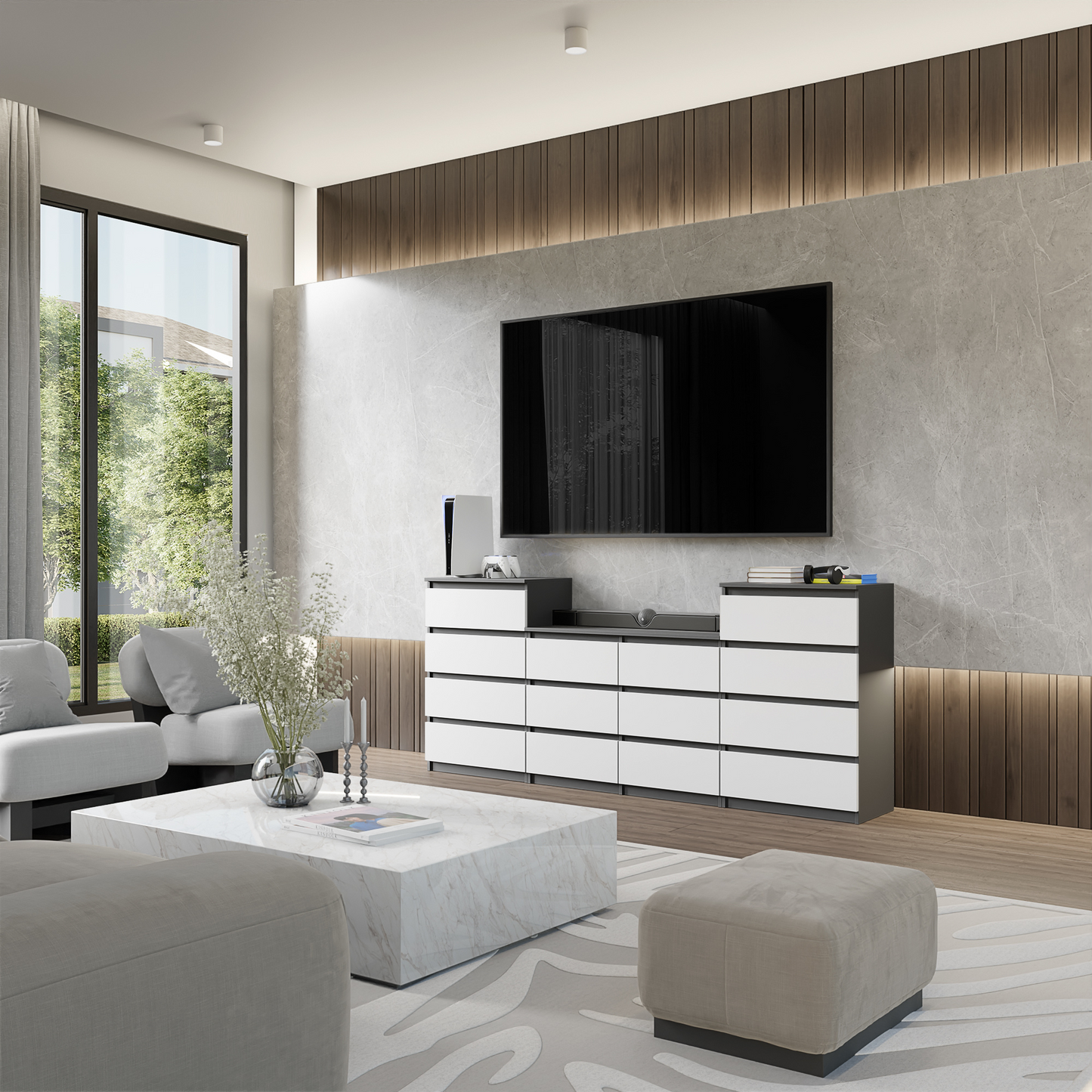 GABRIEL - Kommode / Sideboard mit 14 Schubladen (4+6+4) - Anthrazit / Weiß Matt