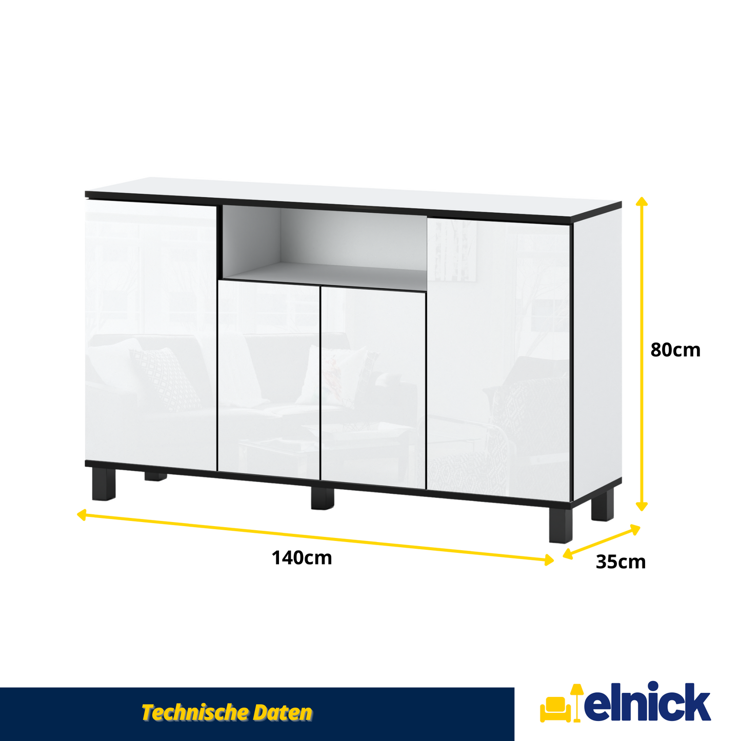CALVIN – TV-Schrank mit 4 Türen – Wohnzimmer Sideboard - Weiß Gloss