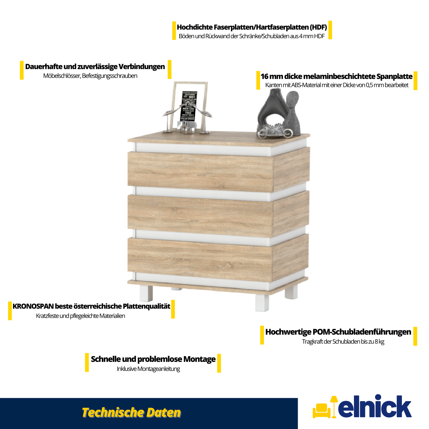 MARGARET - Kommode / Sideboard mit 3 Schubladen - Weiß Matt / Sonoma Eiche