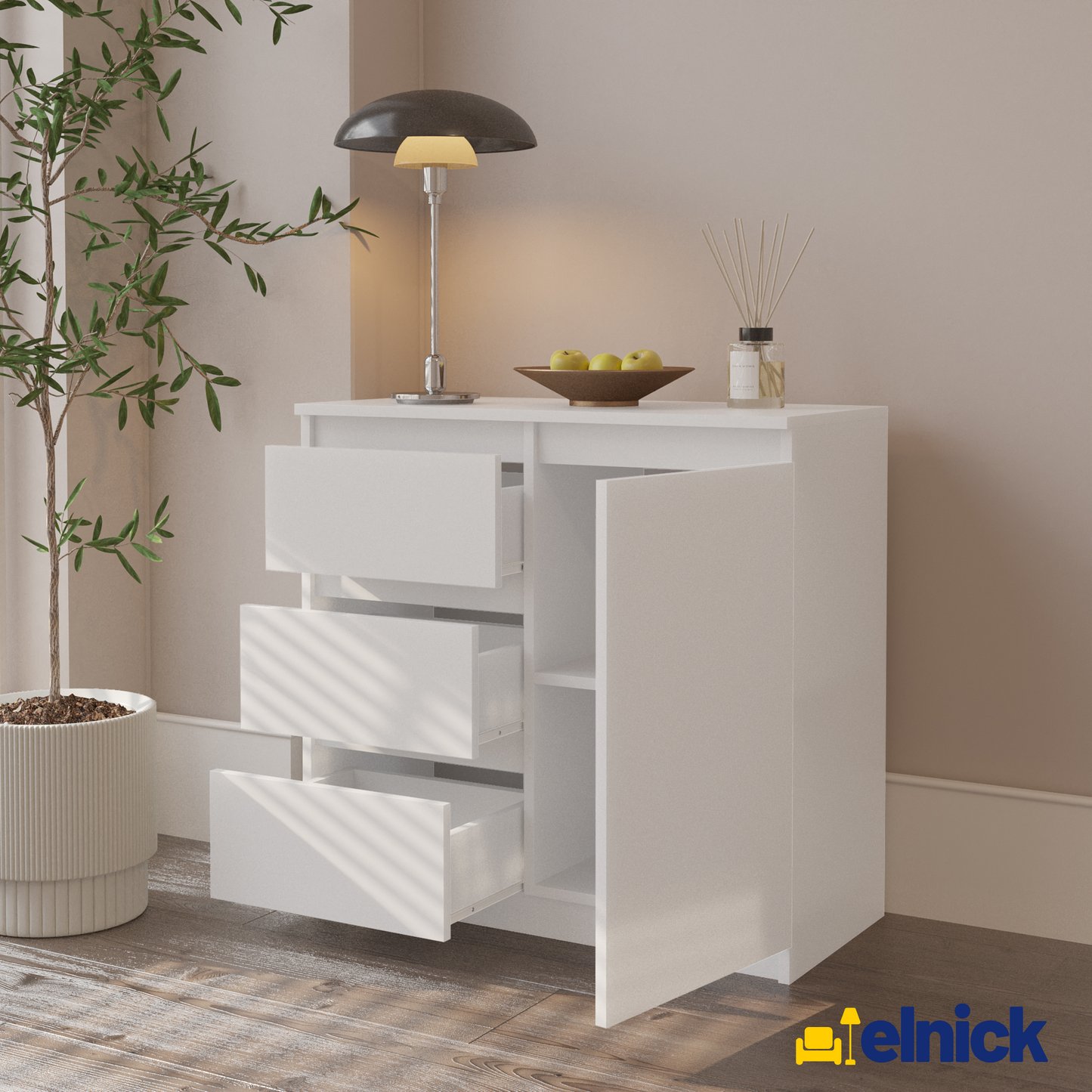 MIKEL - Kommode / Sideboard mit 3 Schubladen und 1 Tür - Weiß Matt