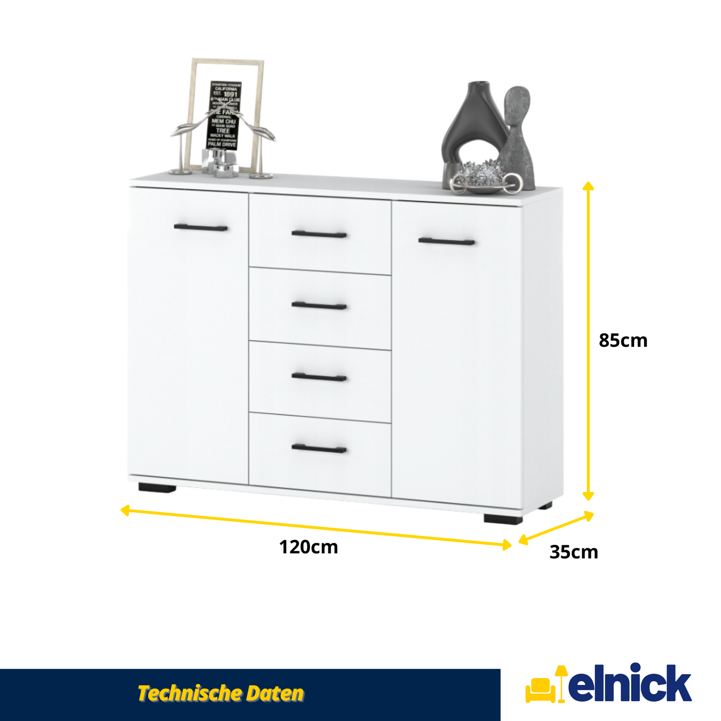 MARK - Kommode / Sideboard mit 4 Schubladen und 2 Türen - Weiß Matt