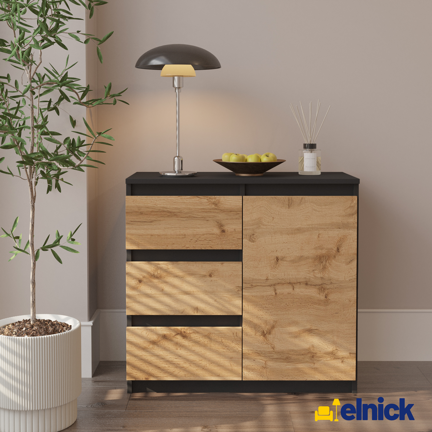 MIKEL - Kommode / Sideboard mit 3 Schubladen und 1 Tür - Anthrazit Grau / Wotan Eiche