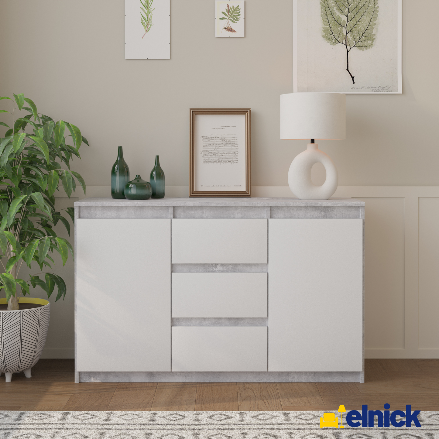 MIKEL - Kommode / Sideboard mit 3 Schubladen und 2 Türen - Beton-Optik / Weiß Matt
