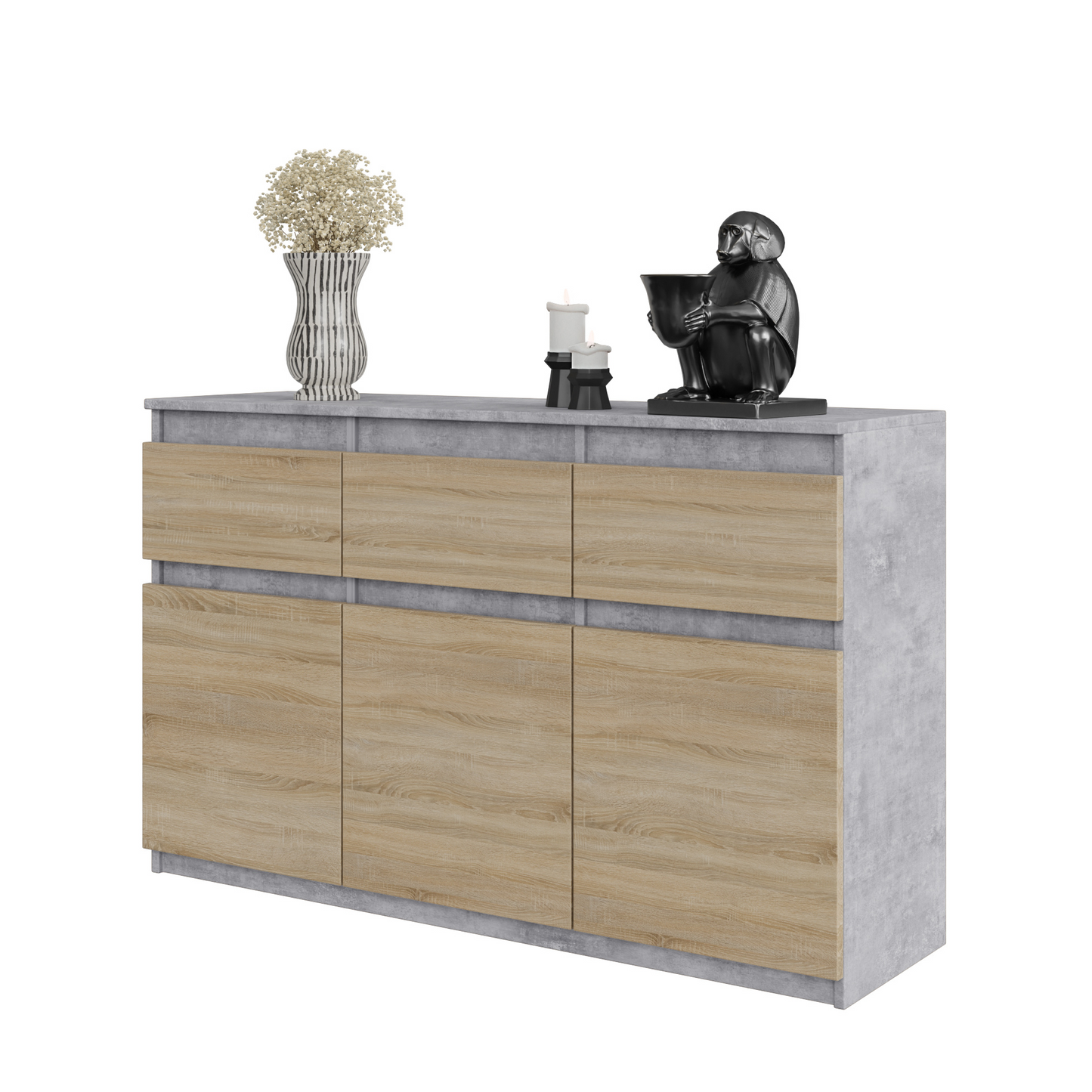 NOAH - Kommode / Sideboard mit 3 Schubladen und 3 Türen - Beton-Optik / Sonoma Eiche