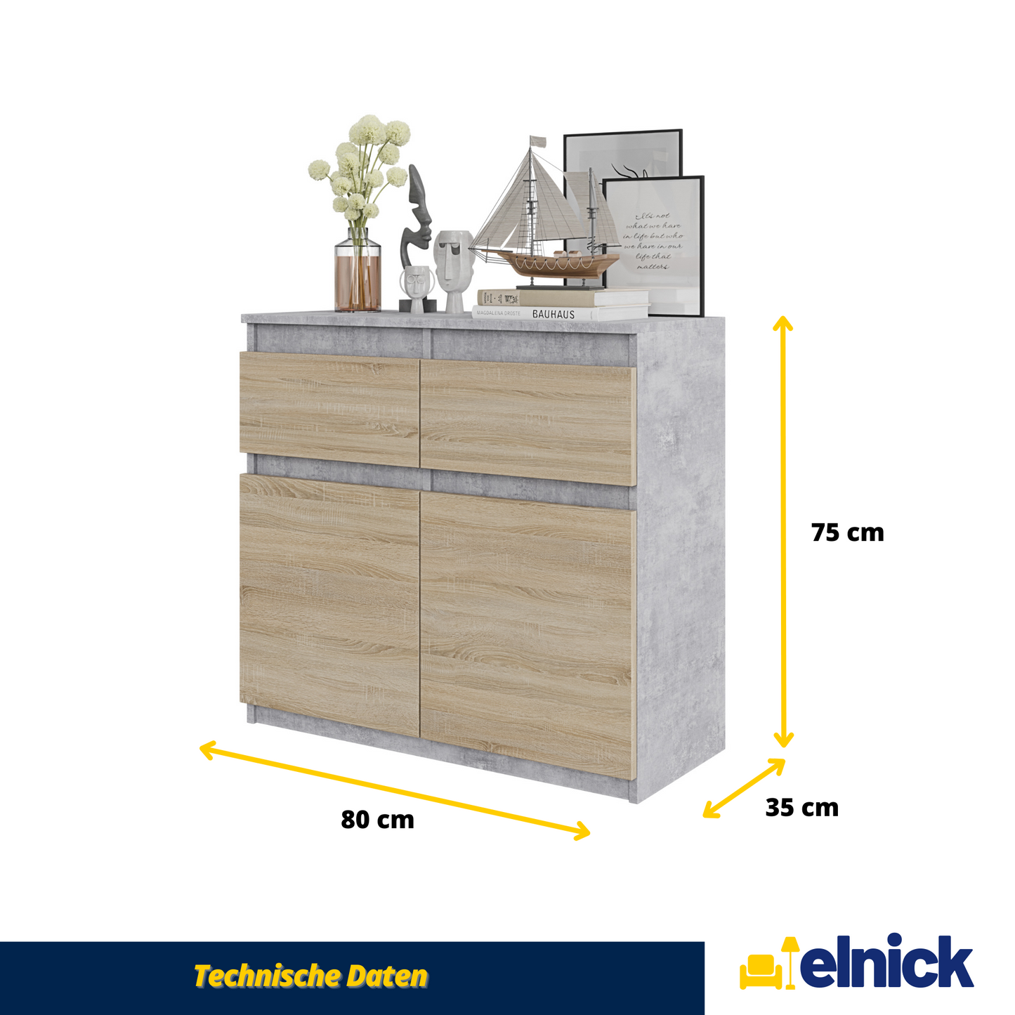 NOAH - Kommode / Sideboard mit 2 Schubladen und 2 Türen - Beton-Optik / Sonoma Eiche