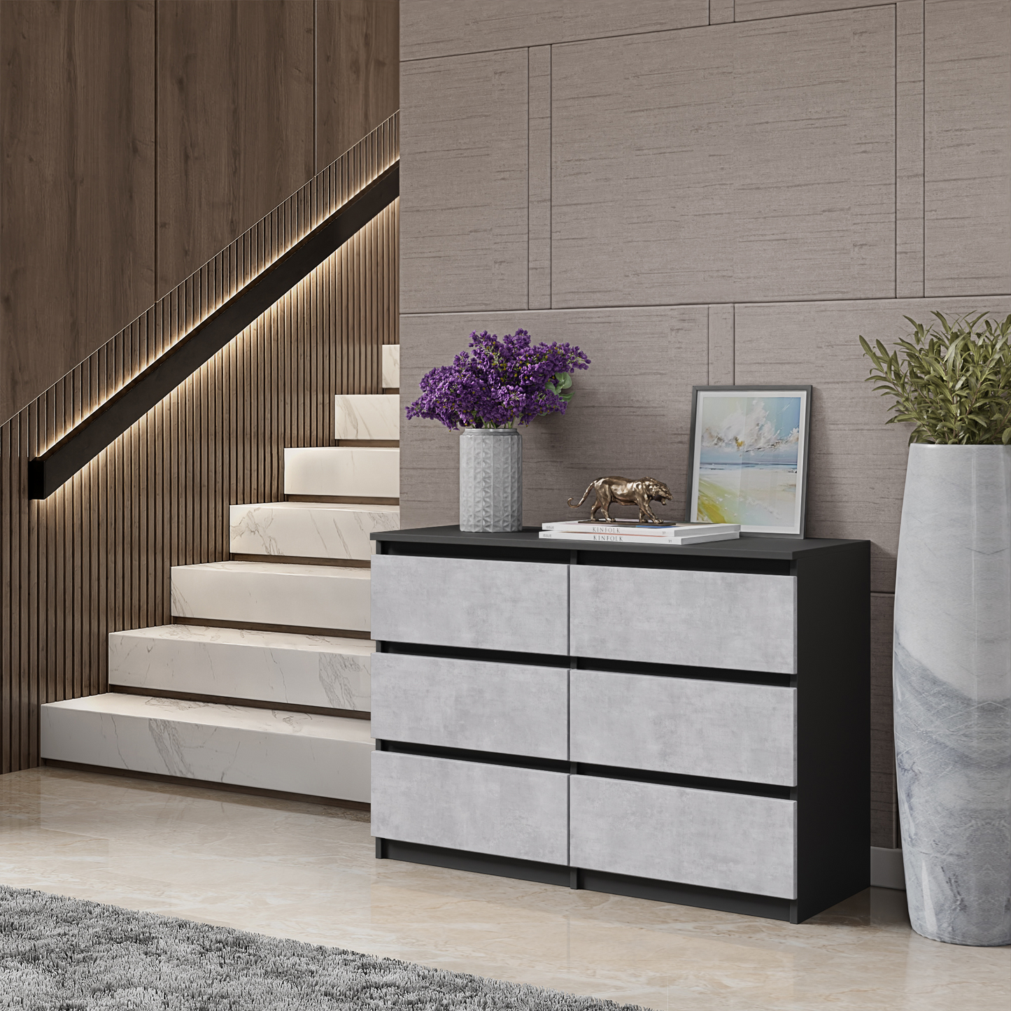 GABRIEL - Kommode / Sideboard mit 6 Schubladen - Anthrazit / Concrete H71cm B100cm T33cm