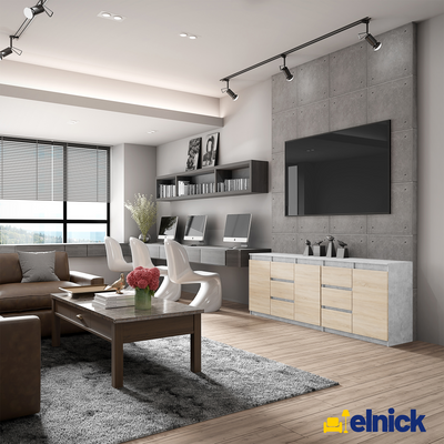 MIKEL - Kommode / Sideboard mit 6 Schubladen und 3 Türen - Beton-Optik / Sonoma Eiche