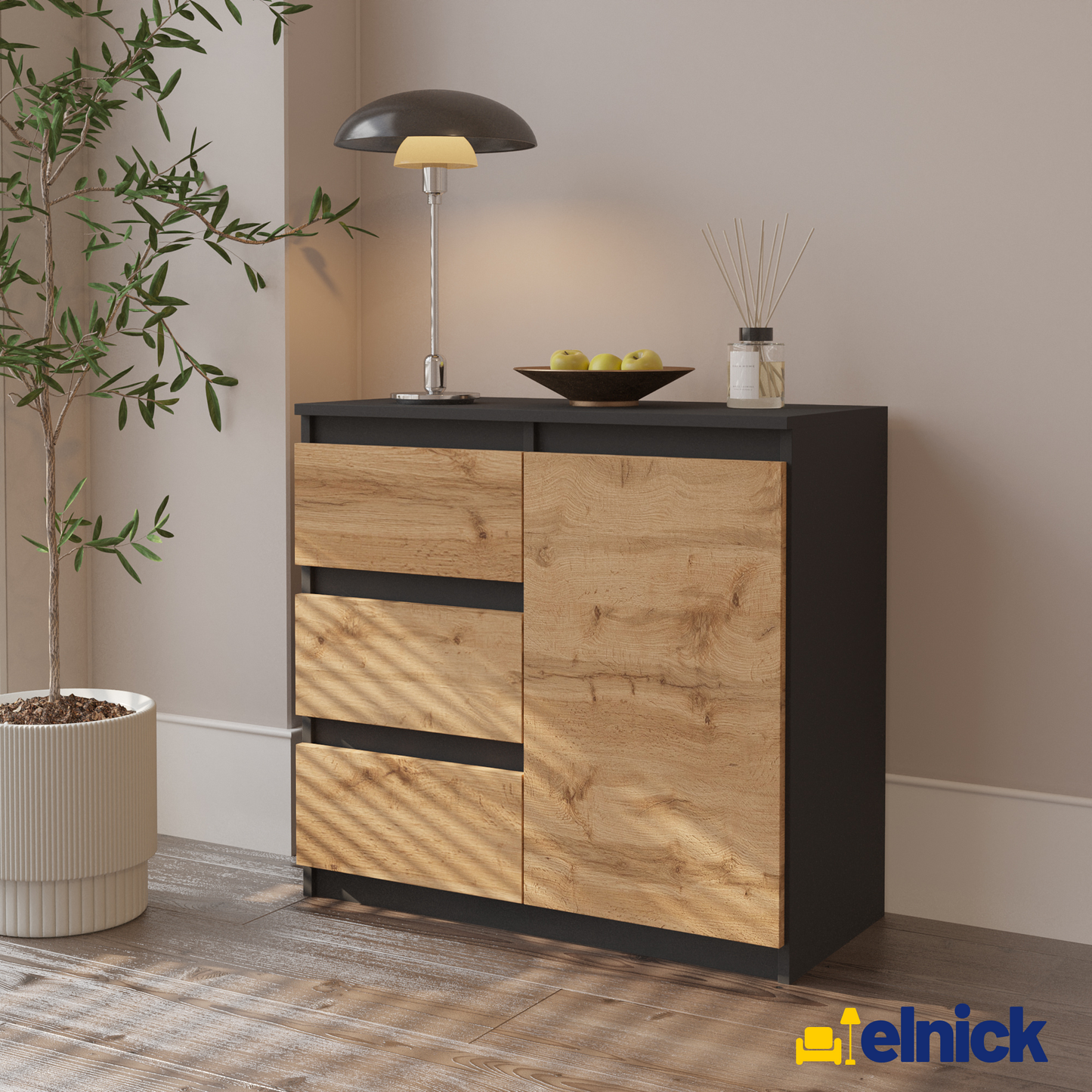 MIKEL - Kommode / Sideboard mit 3 Schubladen und 1 Tür - Anthrazit Grau / Wotan Eiche