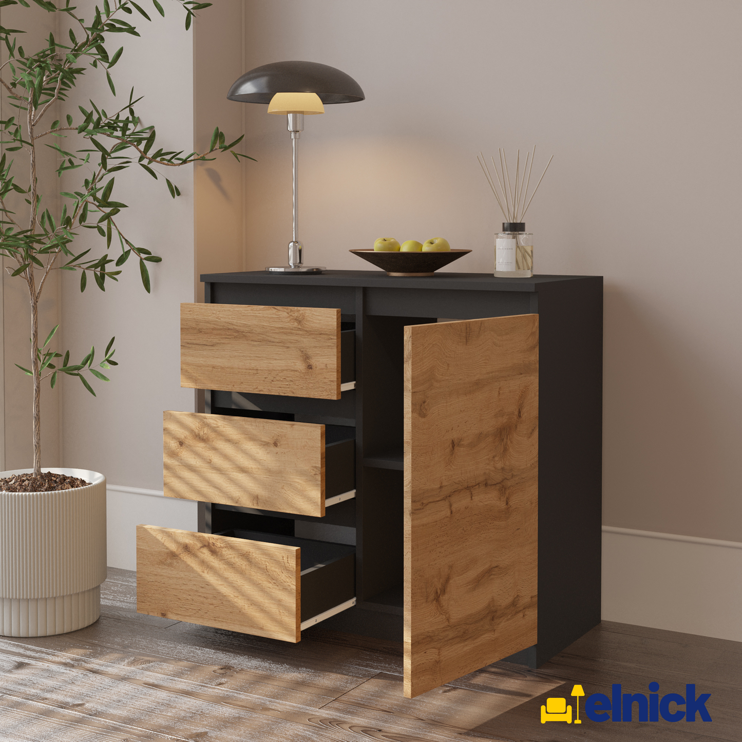 MIKEL - Kommode / Sideboard mit 3 Schubladen und 1 Tür - Anthrazit Grau / Wotan Eiche