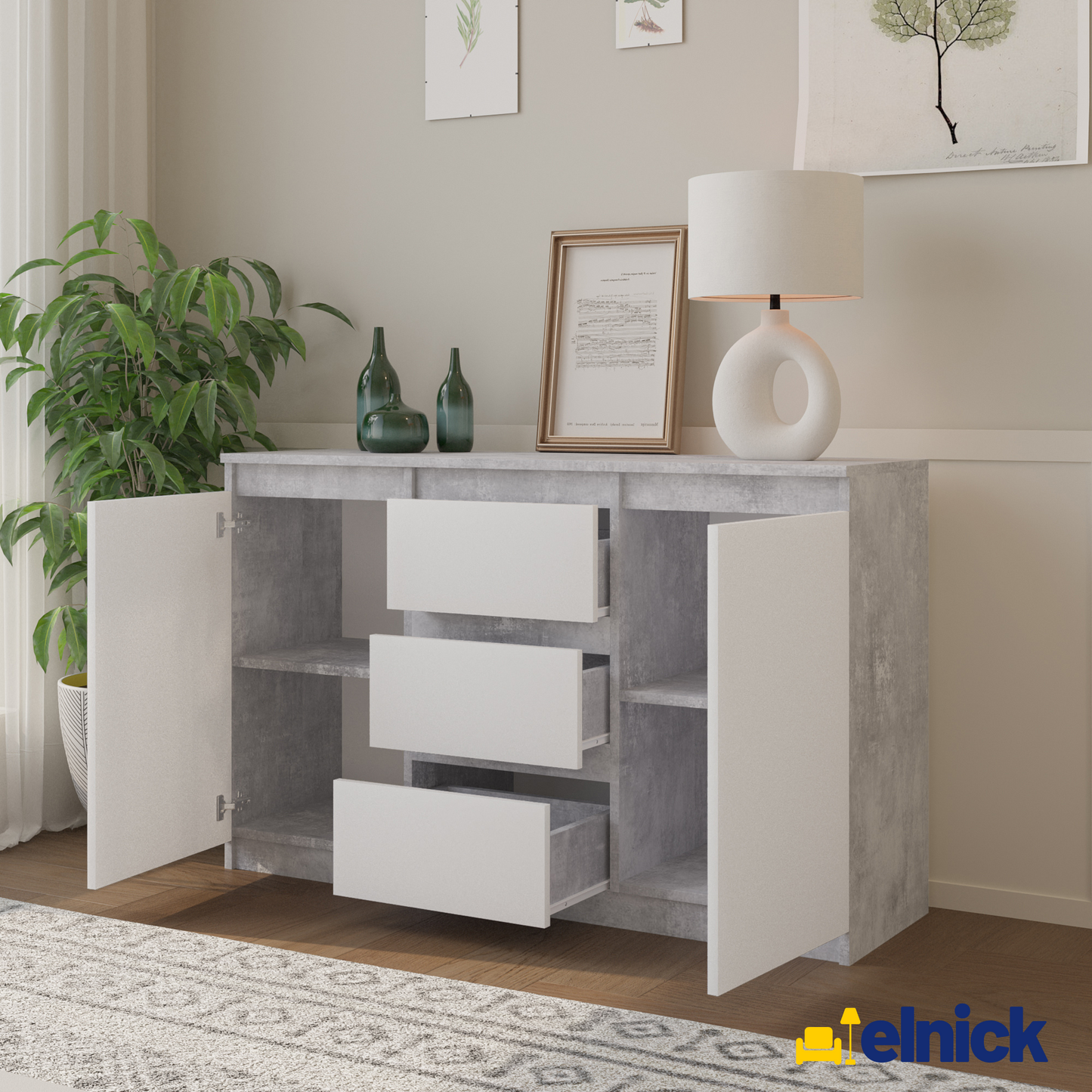 MIKEL - Kommode / Sideboard mit 3 Schubladen und 2 Türen - Beton-Optik / Weiß Matt