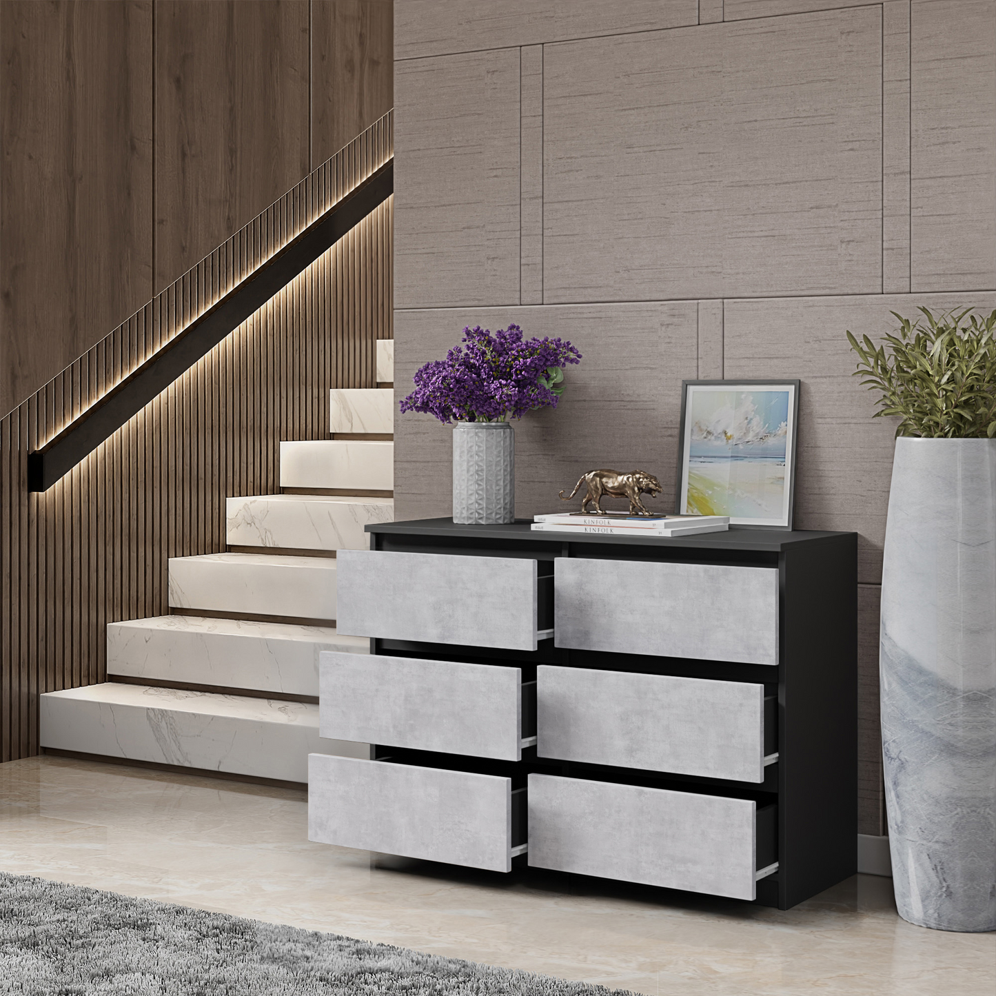 GABRIEL - Kommode / Sideboard mit 6 Schubladen - Anthrazit / Concrete H71cm B100cm T33cm