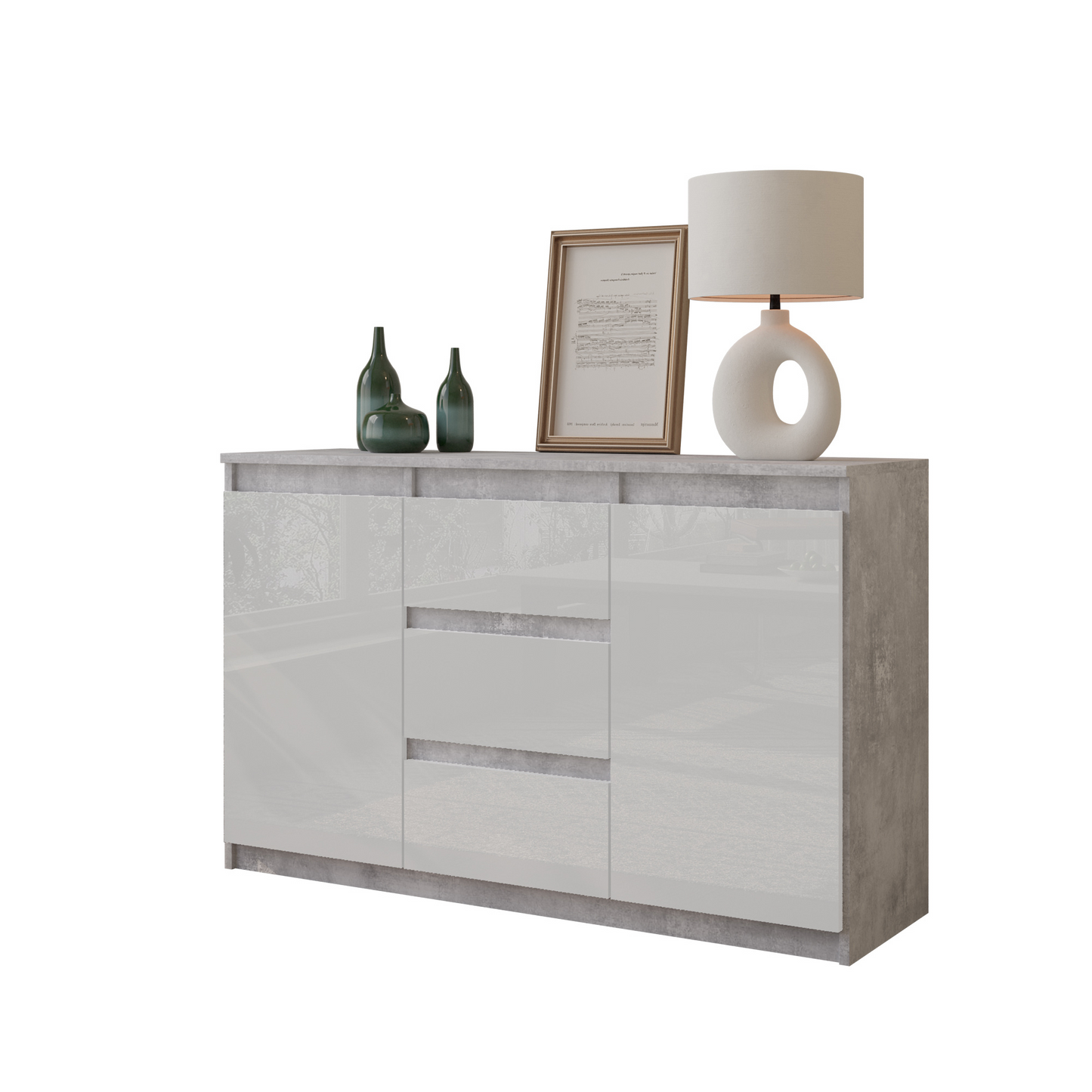 MIKEL - Kommode / Sideboard mit 3 Schubladen und 2 Türen - Beton-Optik / Weiß Gloss