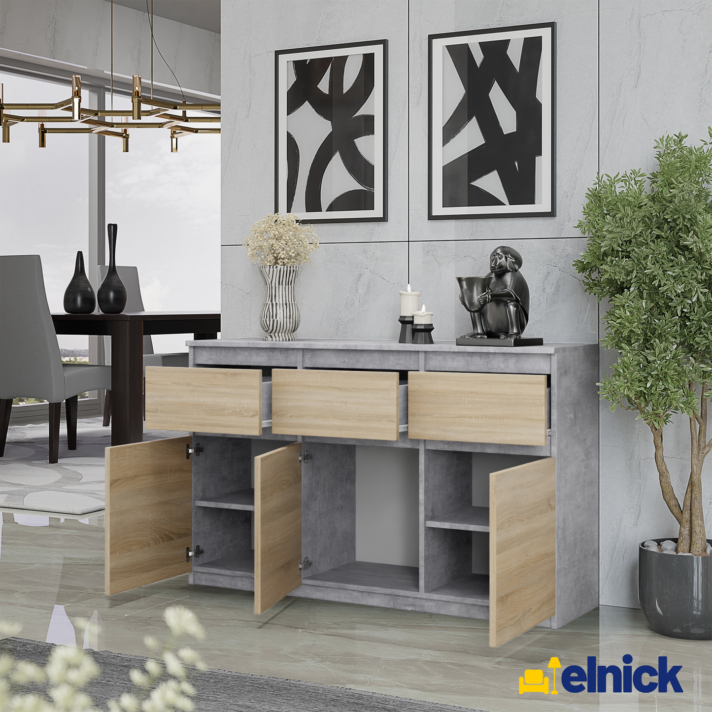 NOAH - Kommode / Sideboard mit 3 Schubladen und 3 Türen - Beton-Optik / Sonoma Eiche