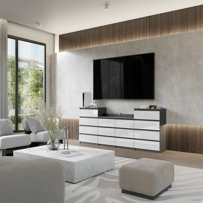 GABRIEL - Kommode / Sideboard mit 14 Schubladen (4+6+4) - Anthrazit / Weiß Gloss