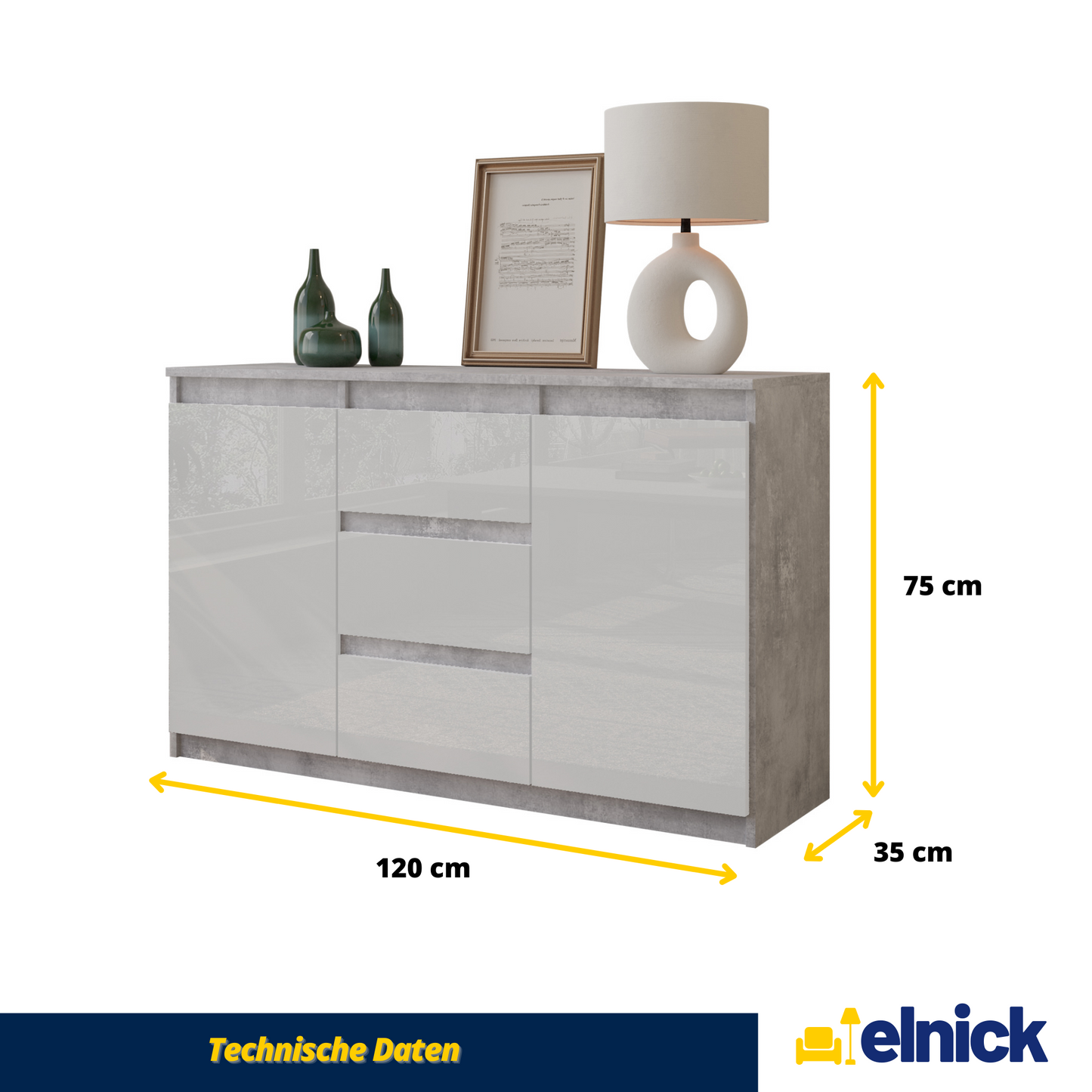 MIKEL - Kommode / Sideboard mit 3 Schubladen und 2 Türen - Beton-Optik / Weiß Gloss