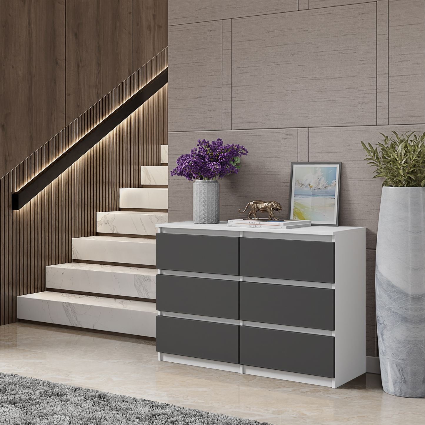 GABRIEL - Kommode / Sideboard mit 6 Schubladen - Weiß Matt / Anthrazit H71cm B100cm T33cm