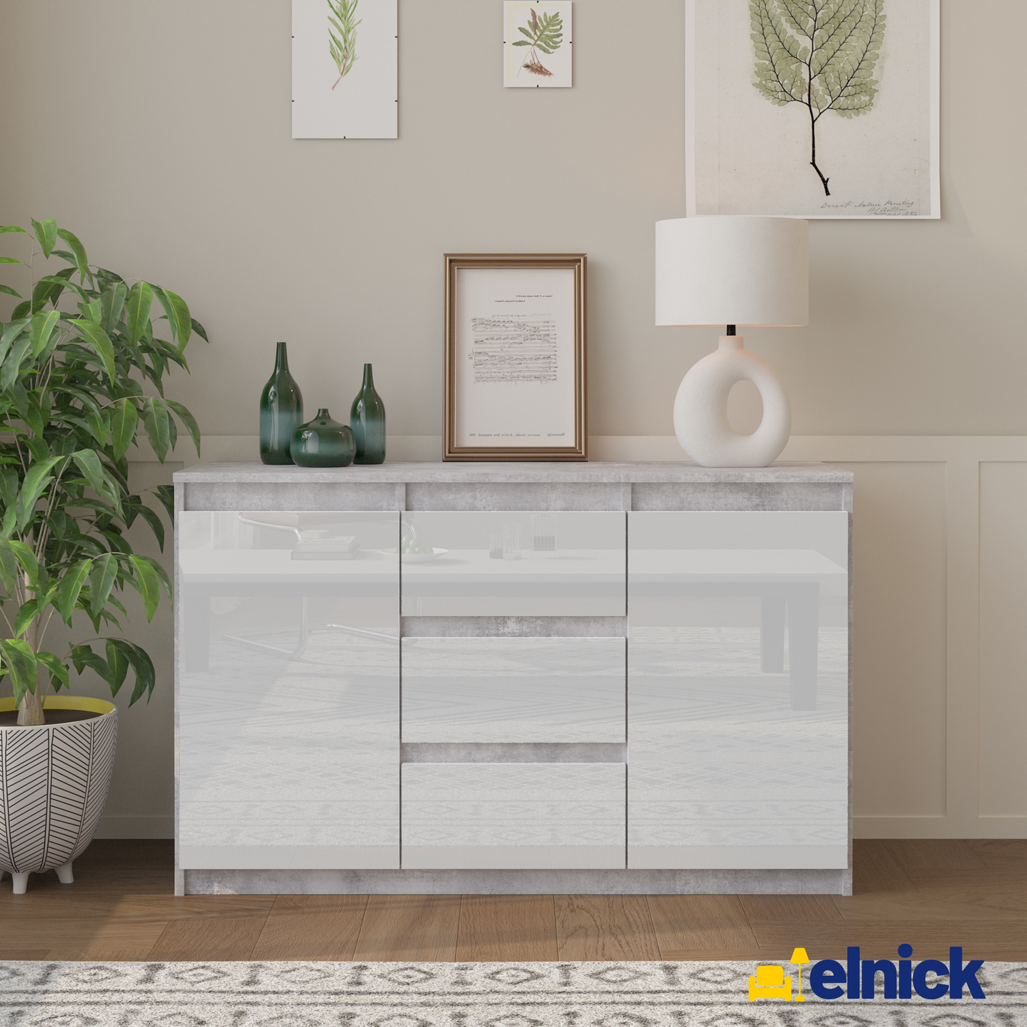 MIKEL - Kommode / Sideboard mit 3 Schubladen und 2 Türen - Beton-Optik / Weiß Gloss