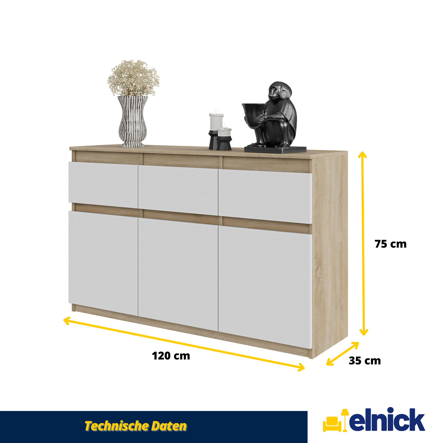 NOAH - Kommode / Sideboard mit 3 Schubladen und 3 Türen - Sonoma Eiche / Weiß Matt