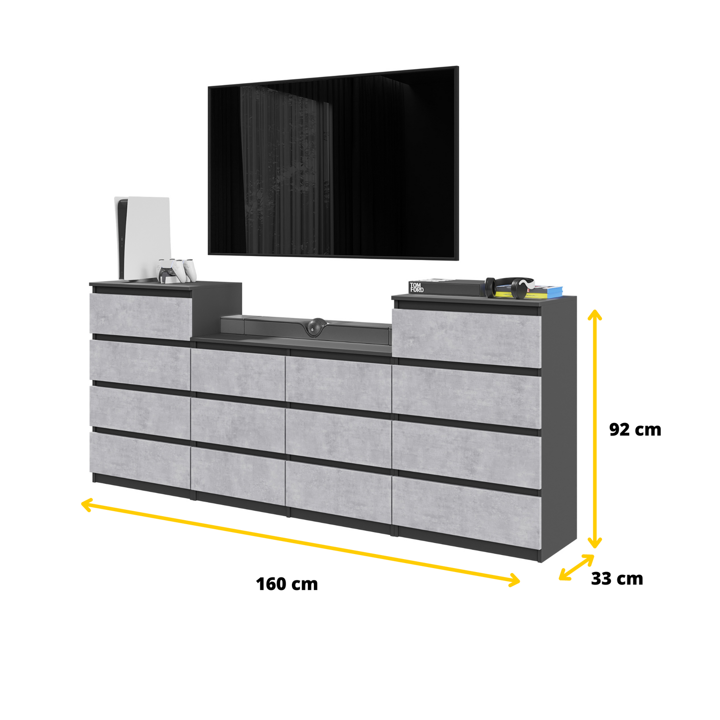 GABRIEL - Kommode / Sideboard mit 14 Schubladen (4+6+4) - Anthrazit / Beton-Optik