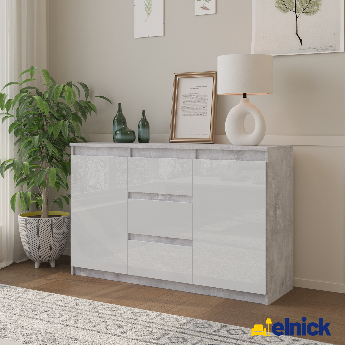MIKEL - Kommode / Sideboard mit 3 Schubladen und 2 Türen - Beton-Optik / Weiß Gloss