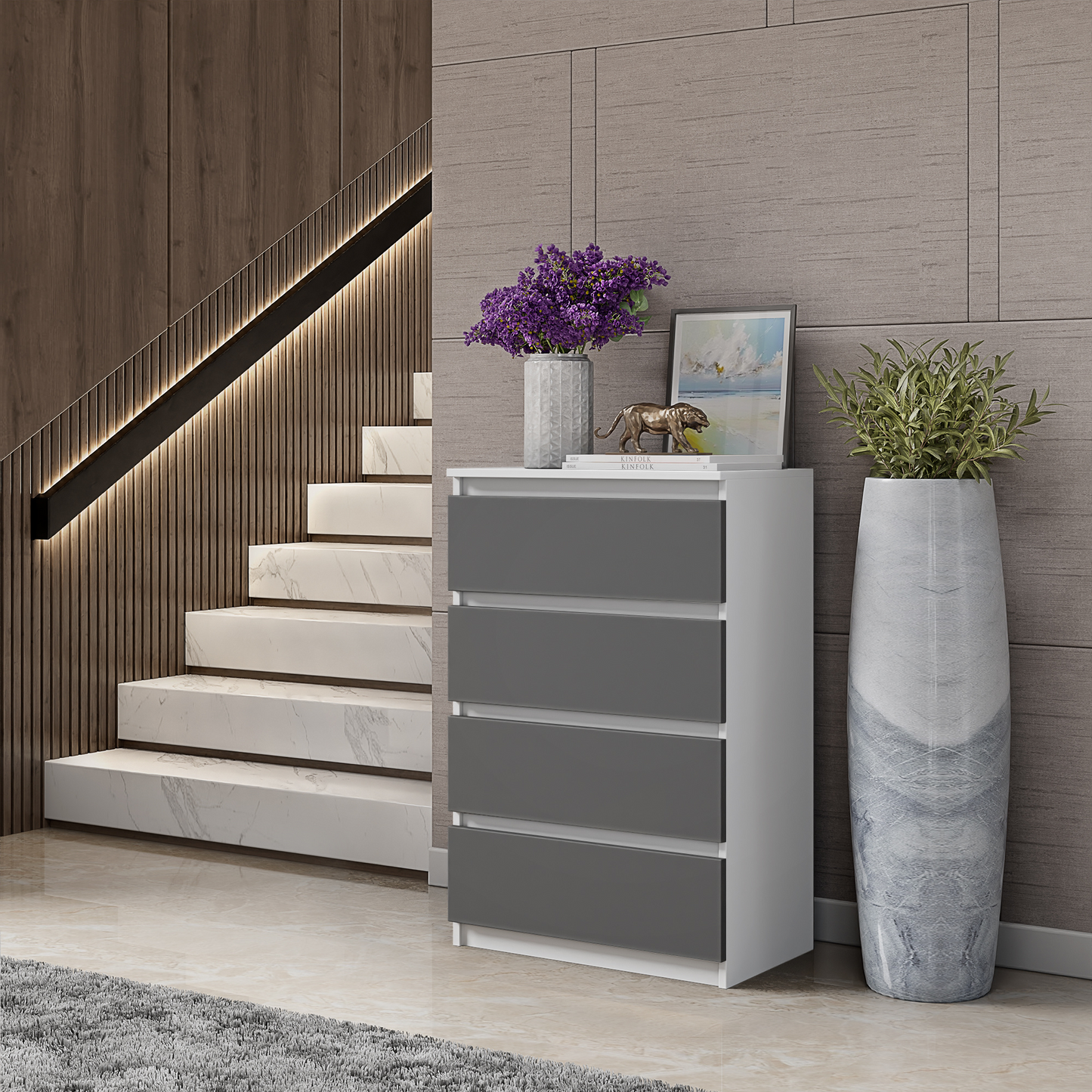 GABRIEL - Kommode / Sideboard mit 4 Schubladen - Weiß Matt / Anthrazit H92cm B60cm T33cm