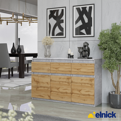 NOAH - Kommode / Sideboard mit 3 Schubladen und 3 Türen - Beton-Optik / Wotan Eiche