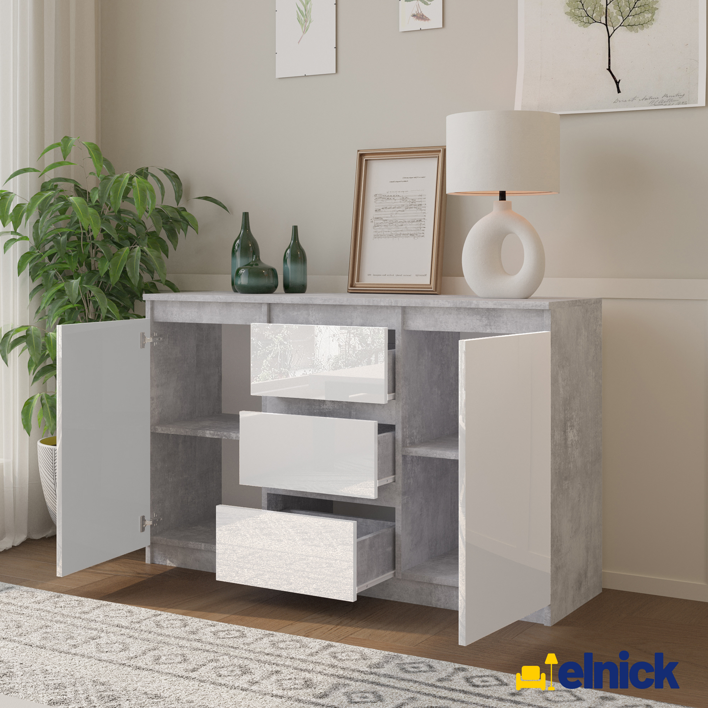 MIKEL - Kommode / Sideboard mit 3 Schubladen und 2 Türen - Beton-Optik / Weiß Gloss