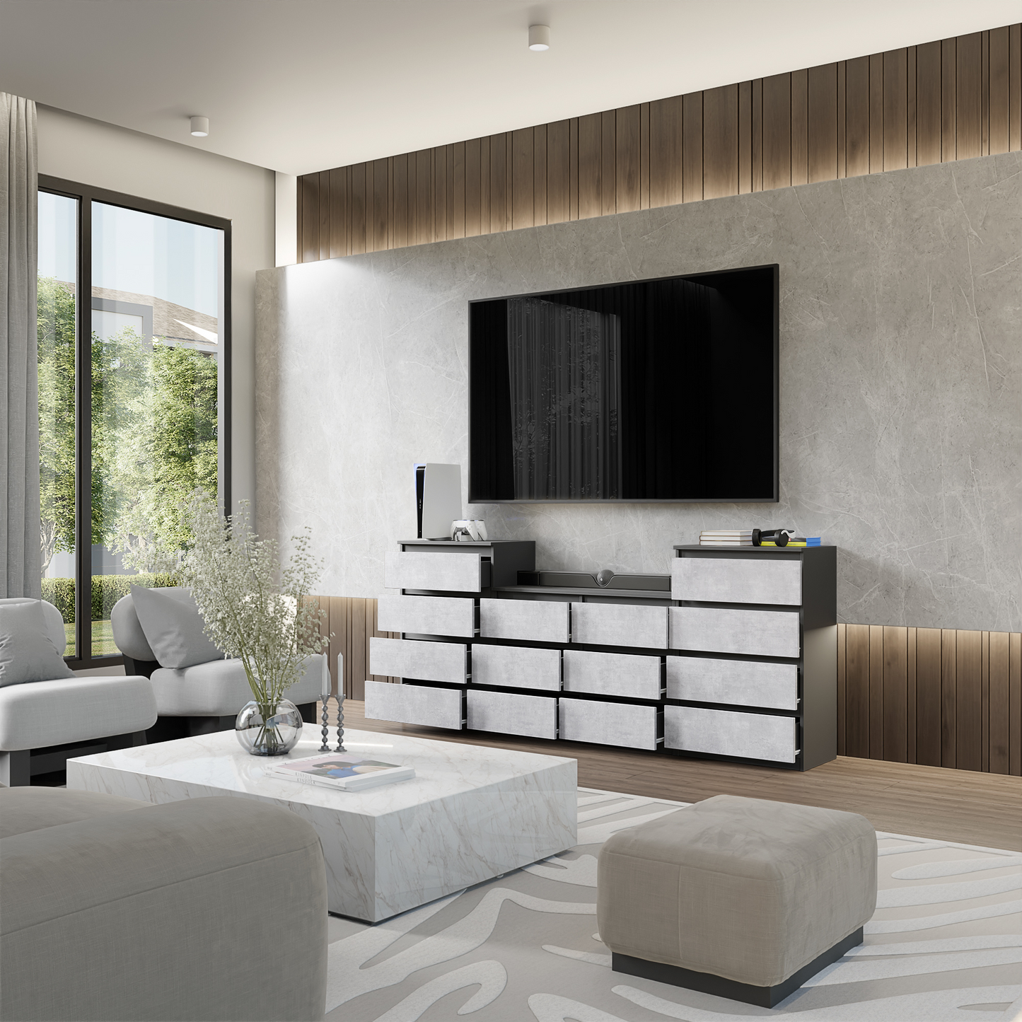GABRIEL - Kommode / Sideboard mit 14 Schubladen (4+6+4) - Anthrazit / Beton-Optik
