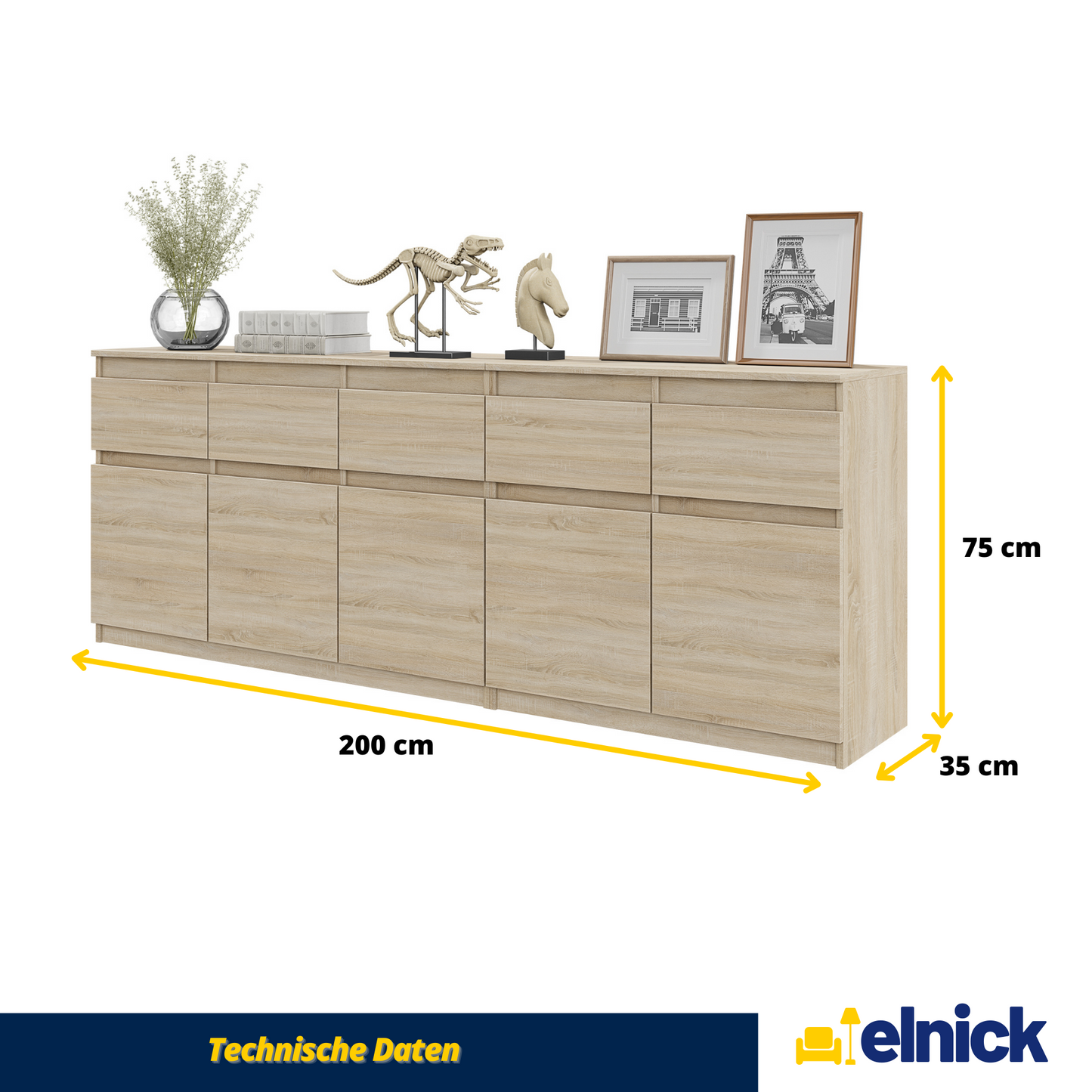 NOAH - Kommode / Sideboard mit 5 Schubladen und 5 Türen - Sonoma Eiche
