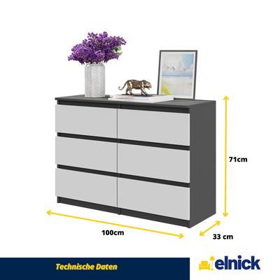 GABRIEL - Kommode / Sideboard mit 6 Schubladen - Anthrazit / Weiß Matt H71cm B100cm T33cm