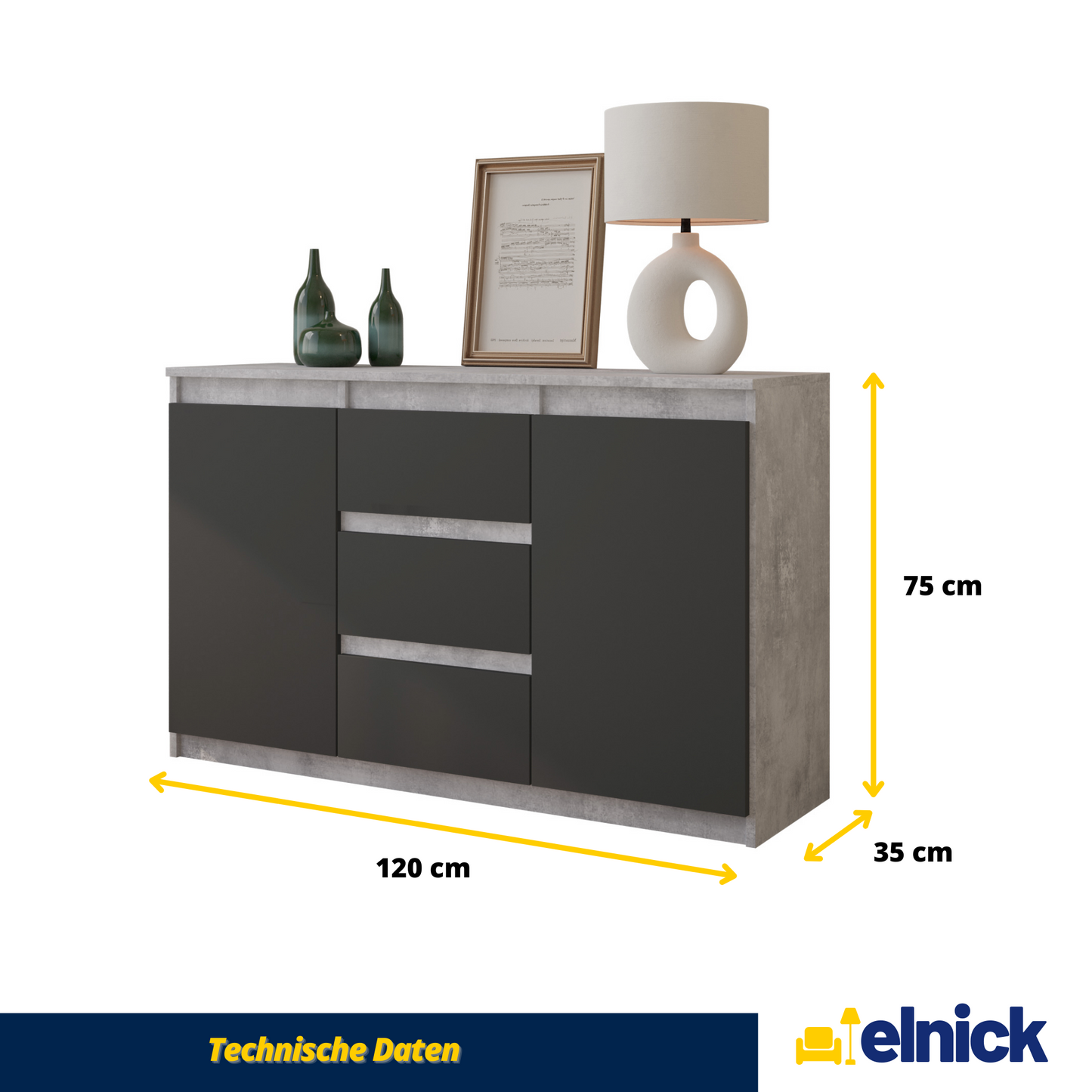 MIKEL - Kommode / Sideboard mit 3 Schubladen und 2 Türen - Beton-Optik / Anthrazit Grau