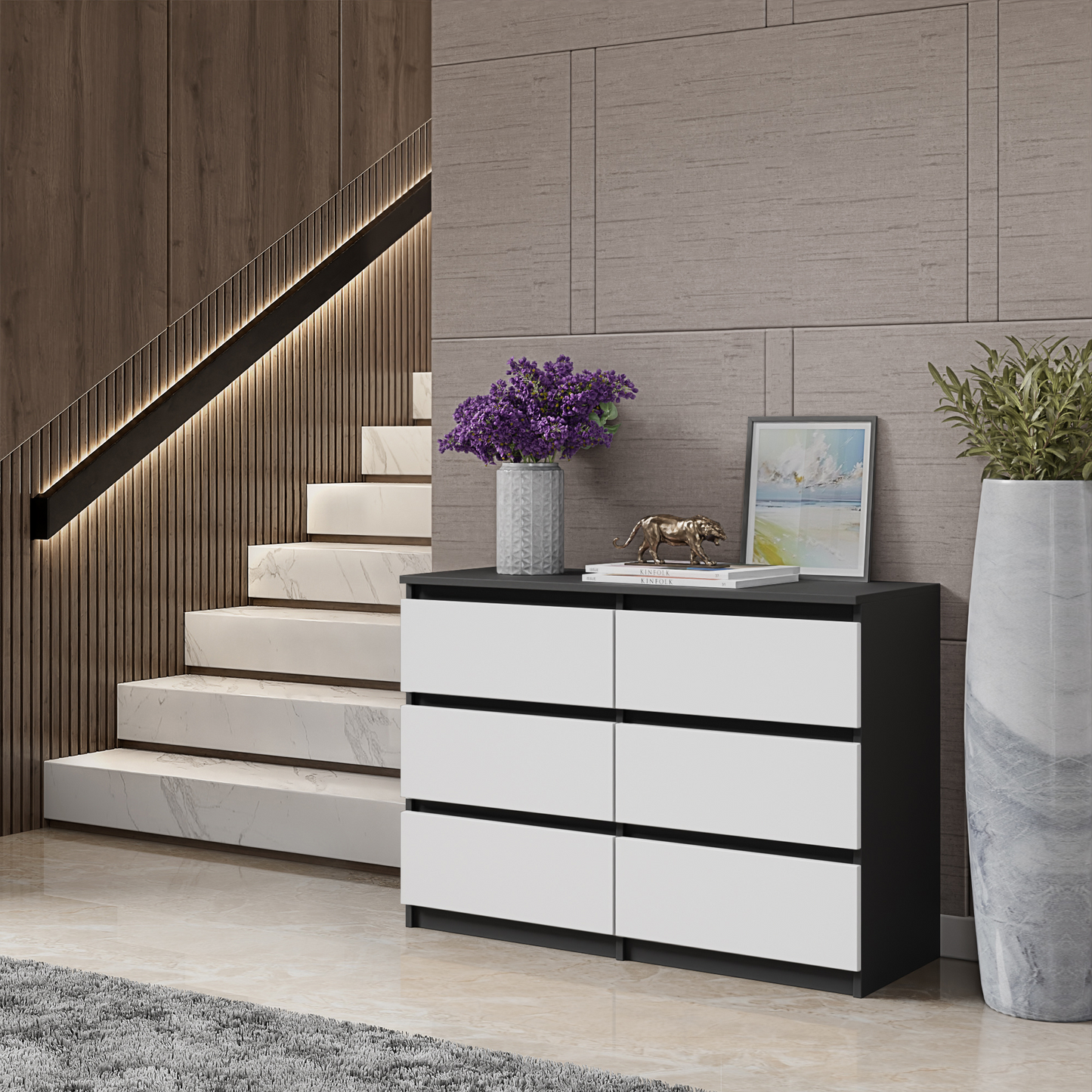 GABRIEL - Kommode / Sideboard mit 6 Schubladen - Anthrazit / Weiß Matt H71cm B100cm T33cm