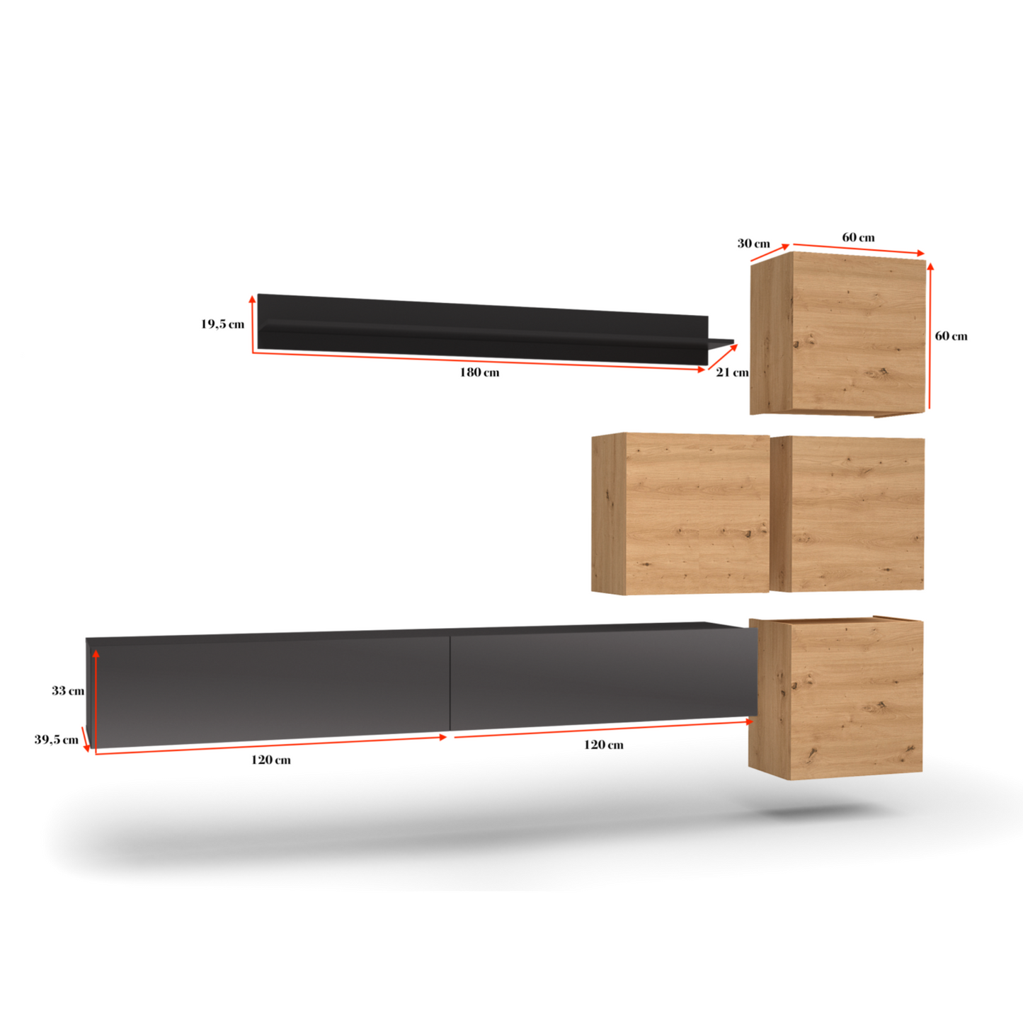 Wohnwand MANILA II - Wohnzimmer-Möbelset - Schwarz Gloss / Eiche Artisan