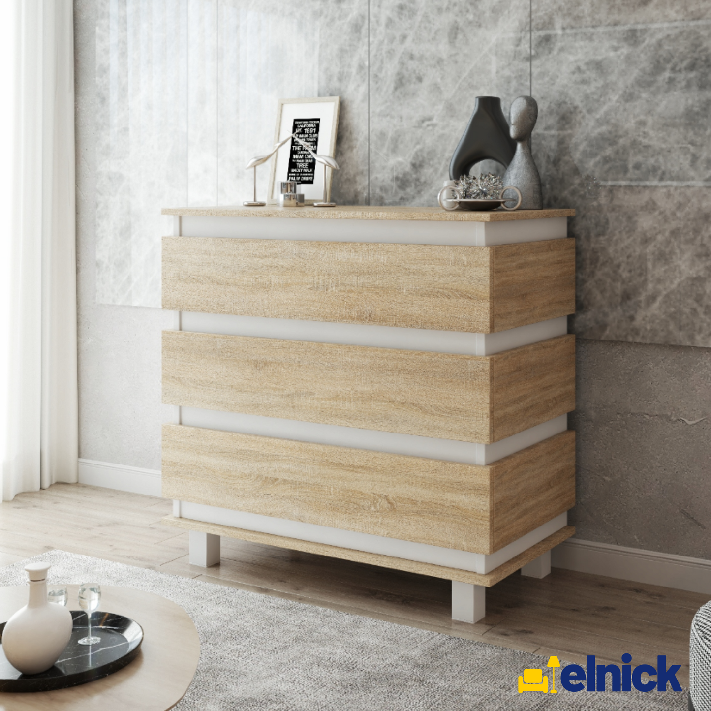 MARGARET - Kommode / Sideboard mit 3 Schubladen - Weiß Matt / Sonoma Eiche
