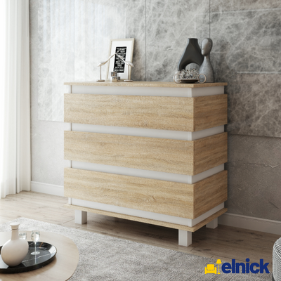 MARGARET - Kommode / Sideboard mit 3 Schubladen - Weiß Matt / Sonoma Eiche