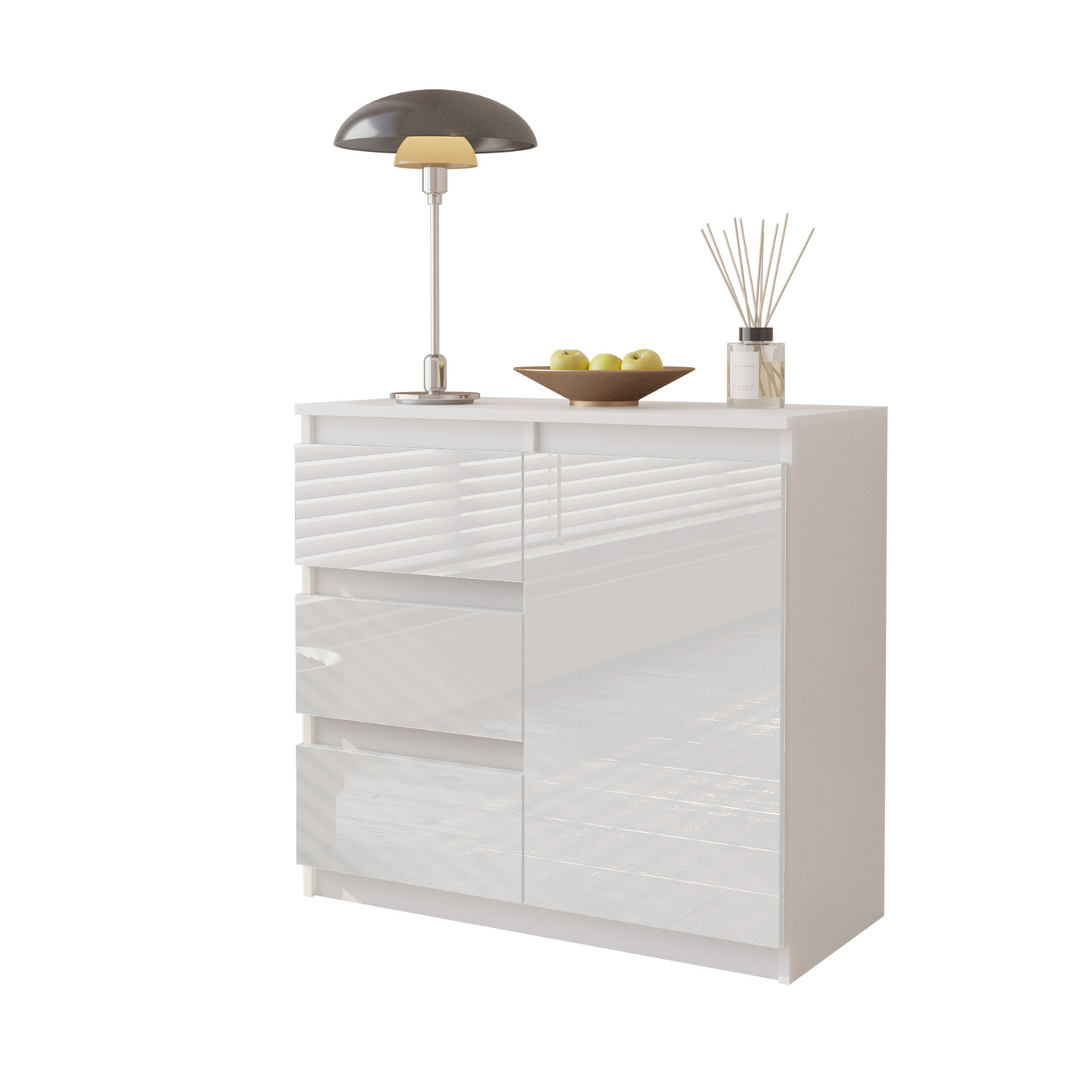 MIKEL - Kommode / Sideboard mit 3 Schubladen und 1 Tür - Weiß Matt / Weiß Gloss