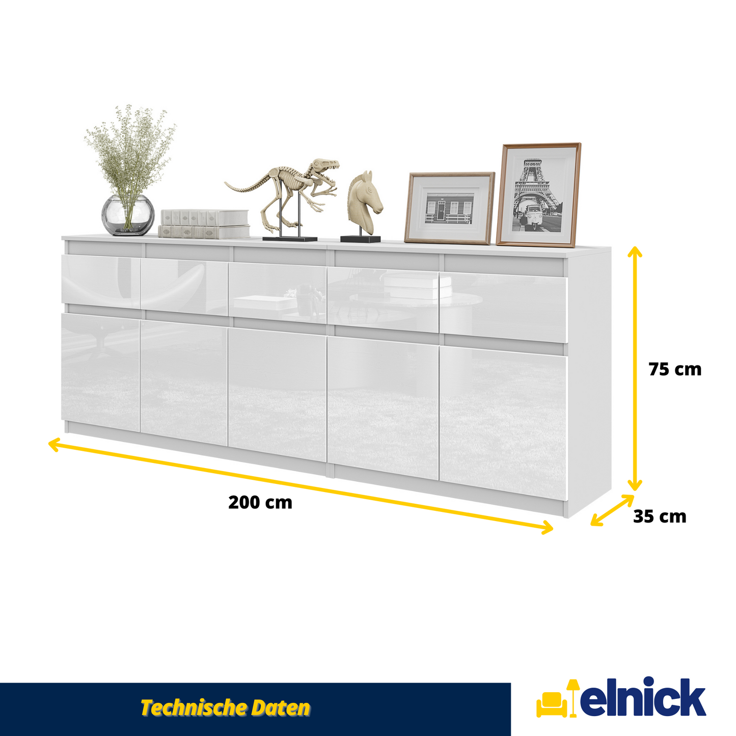 NOAH - Kommode / Sideboard mit 5 Schubladen und 5 Türen - Weiß Matt / Weiß Gloss