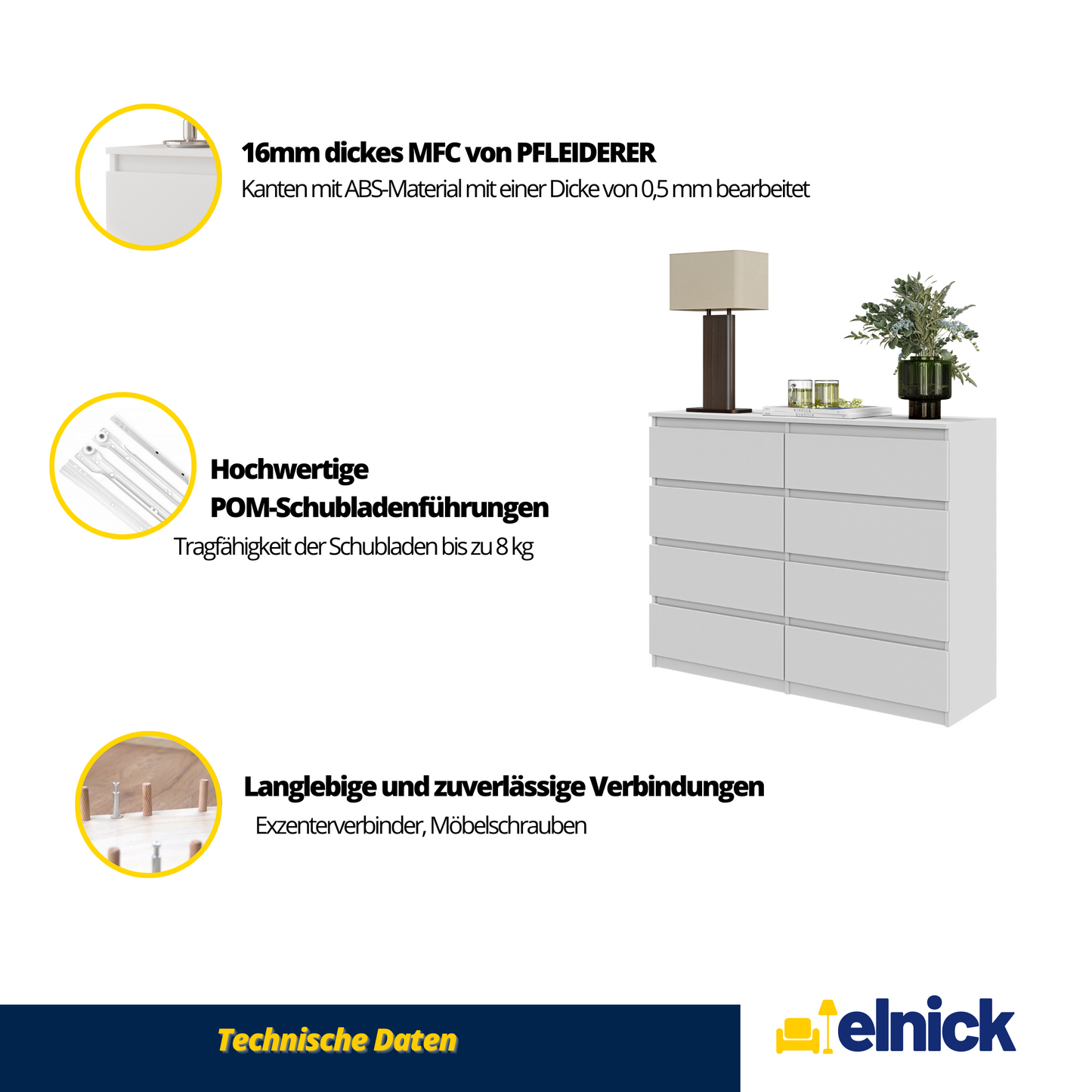GABRIEL - Kommode / Sideboard mit 8 Schubladen - Weiß Gloss