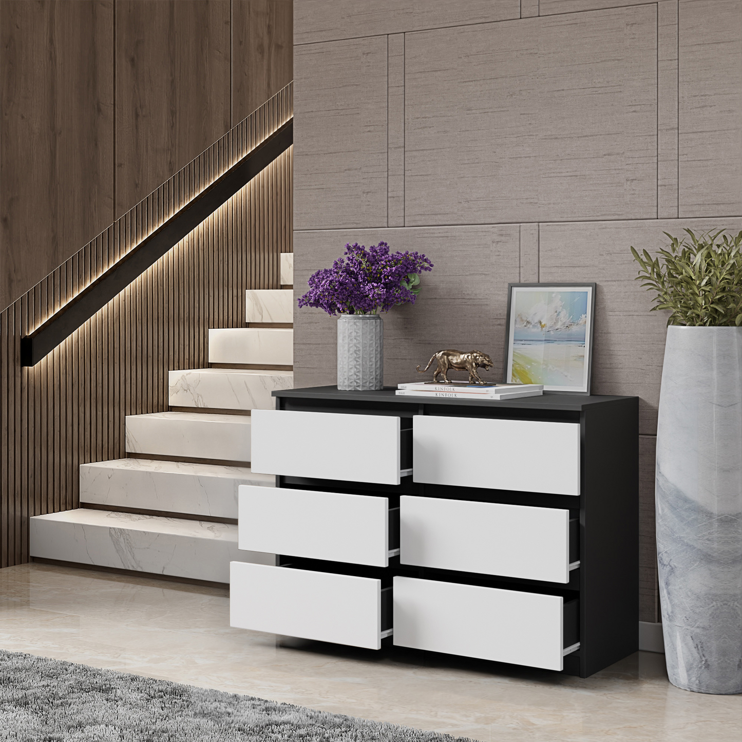 GABRIEL - Kommode / Sideboard mit 6 Schubladen - Anthrazit / Weiß Matt H71cm B100cm T33cm