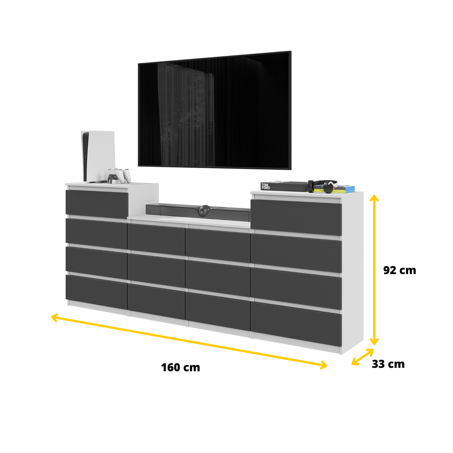 GABRIEL - Kommode / Sideboard mit 14 Schubladen (4+6+4) - Weiß Matt / Anthrazit