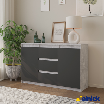 MIKEL - Kommode / Sideboard mit 3 Schubladen und 2 Türen - Beton-Optik / Anthrazit Grau