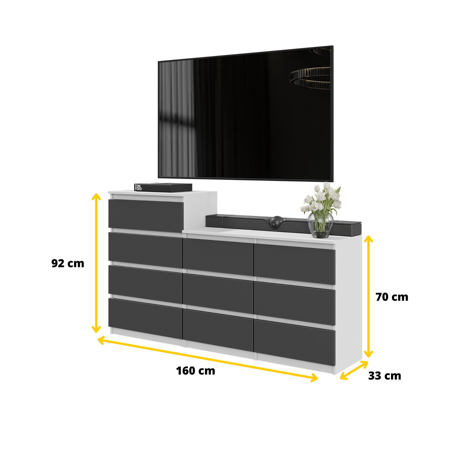 GABRIEL - Kommode / Sideboard mit 10 Schubladen (6+4) - Weiß Matt / Anthrazit