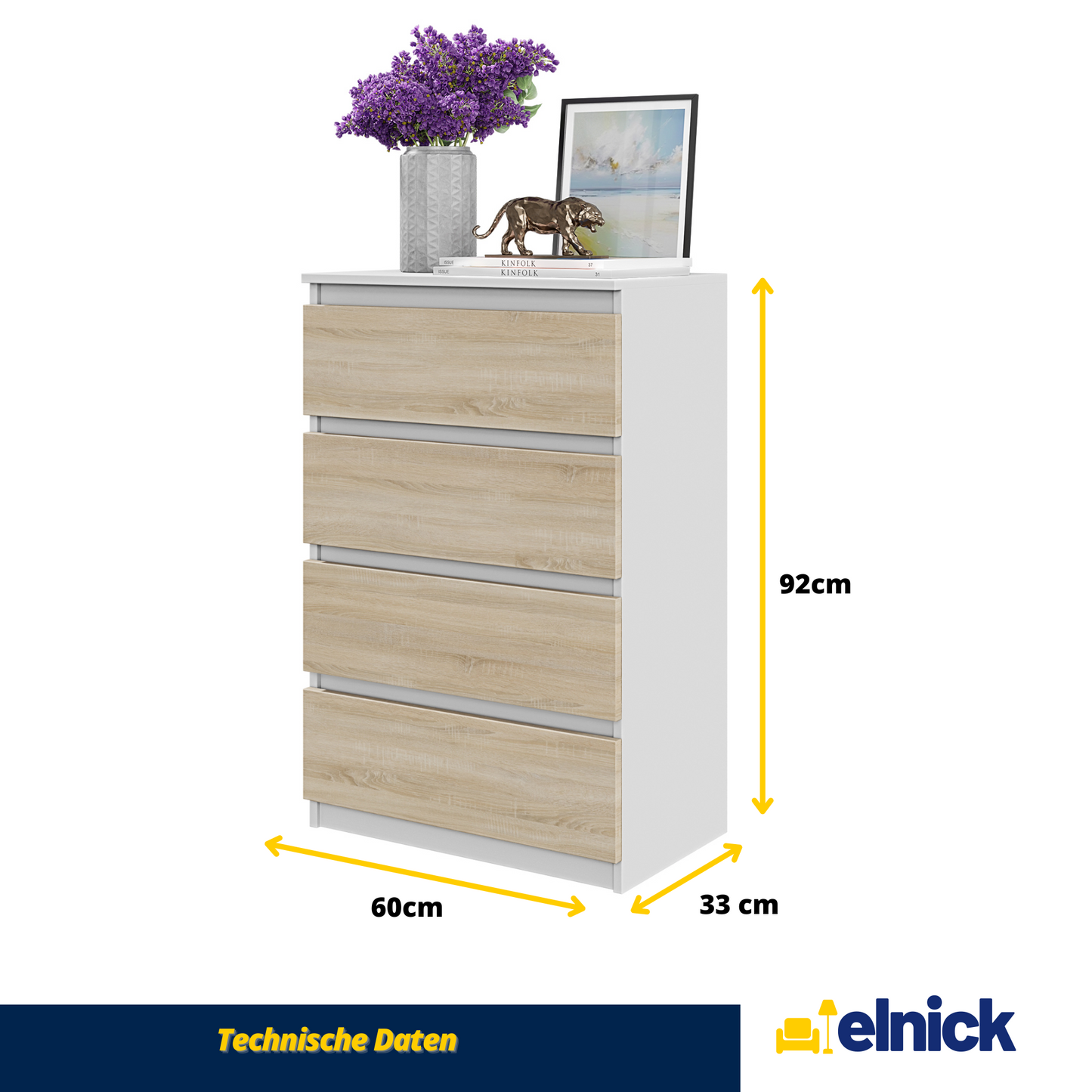 GABRIEL - Kommode / Sideboard mit 4 Schubladen - Weiß Matt / Sonoma Eiche H92cm B60cm T33cm